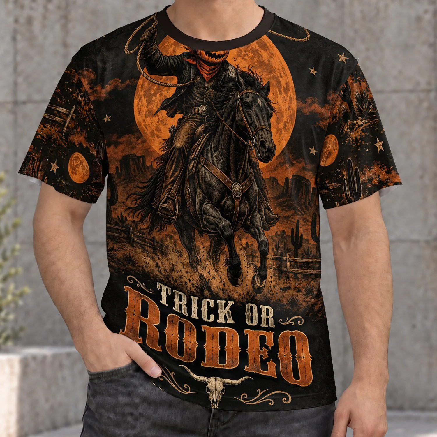 Cowboy Pumpkin Rodeo Halloween Night Scene for Western Fall Festivities and October Parties All-over Print Unisex T-shirt - 1