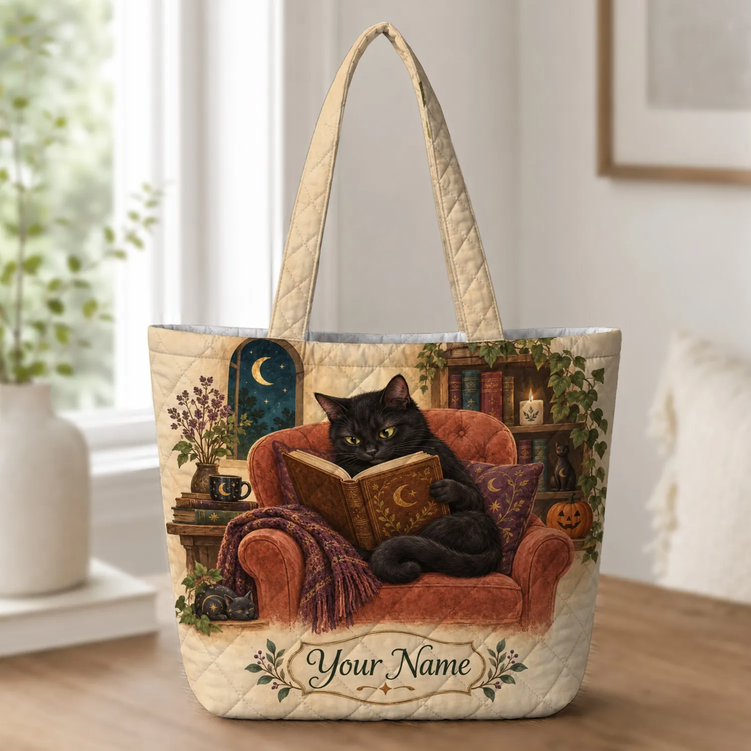 Black Cat Reading by Pumpkinlight for Cozy Halloween Book Lovers and Cat Fans at Home Quilted Tote Bag - 1
