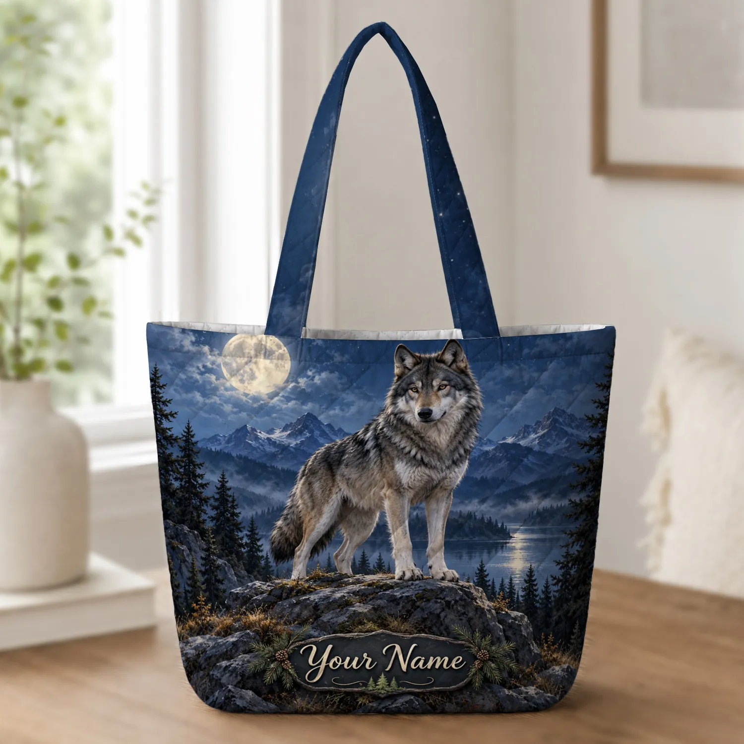 Moonlit Gray Wolf and Mountain Forest for Nature Lovers and Cozy Nights Quilted Tote Bag - 1