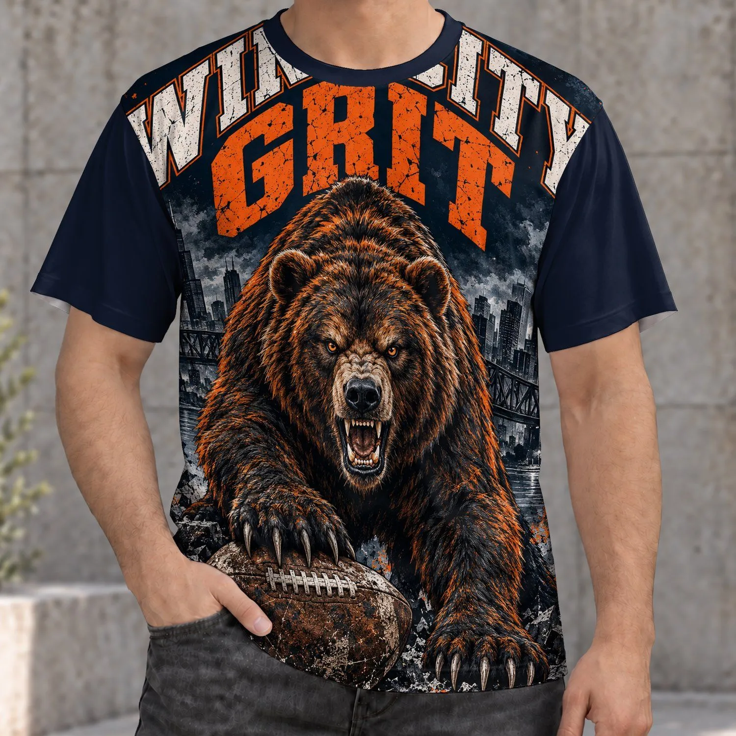 Fierce Football Bear And City Skyline For Halloween And Game Day Casual Wear All-over Print Unisex T-shirt - 1