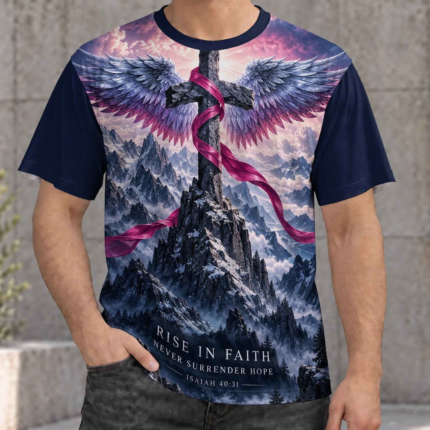 Winged Cross Faith and Mountain Scripture for Church Worship and Daily Encouragement All-over Print Unisex T-shirt - 1