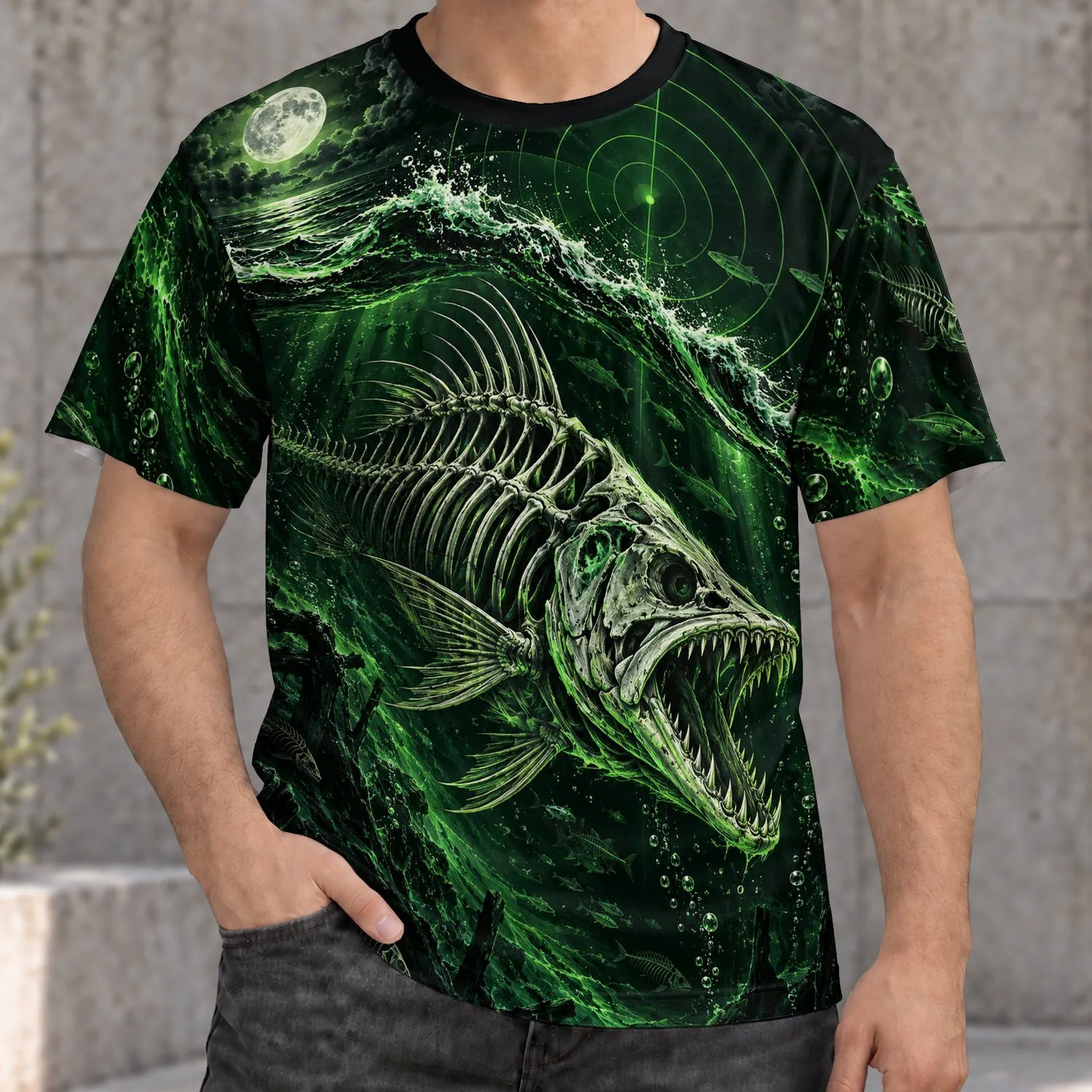 Neon Green Fish Skeleton Moonlit Fishing Scene for Night Anglers and Outdoor Adventures All-over Print Unisex T-shirt - 1
