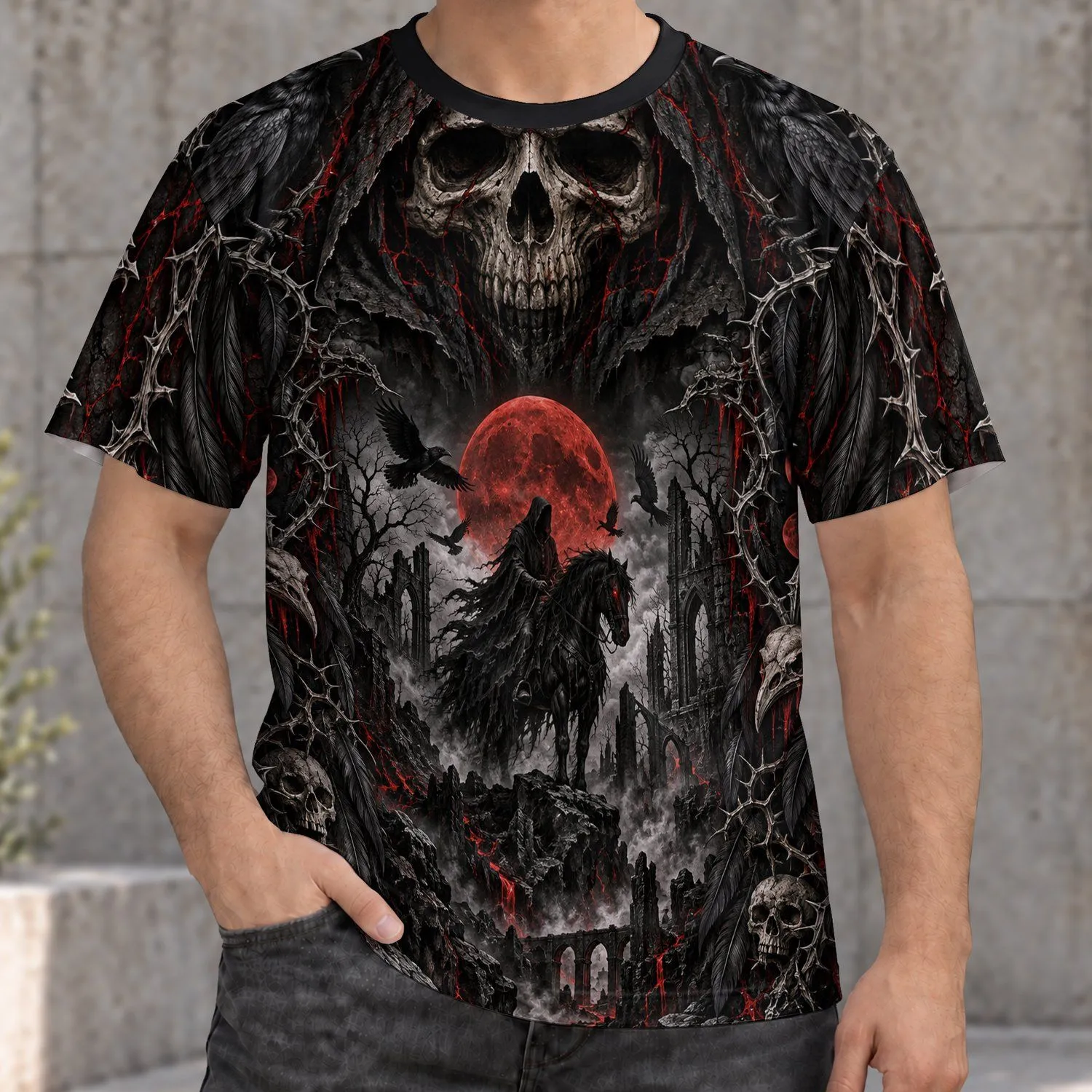 Gothic Skull Mask and Moonlit Horseman for Dark Fantasy Nights and Themed Events All-over Print Unisex T-shirt - 1