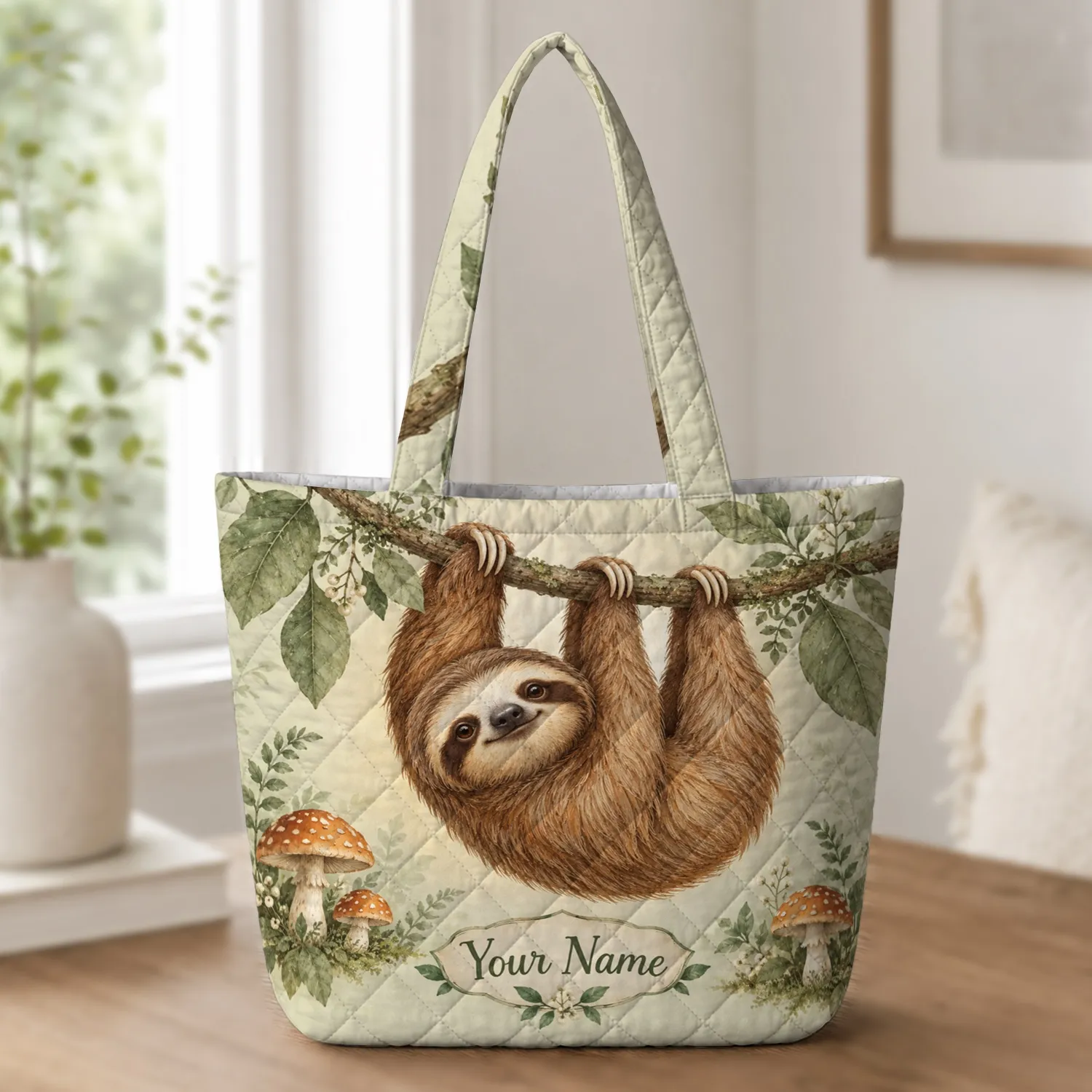 Whimsical Woodland Sloth And Mushrooms For Cozy Nature Lovers And Cottagecore Gifts Quilted Tote Bag - 1