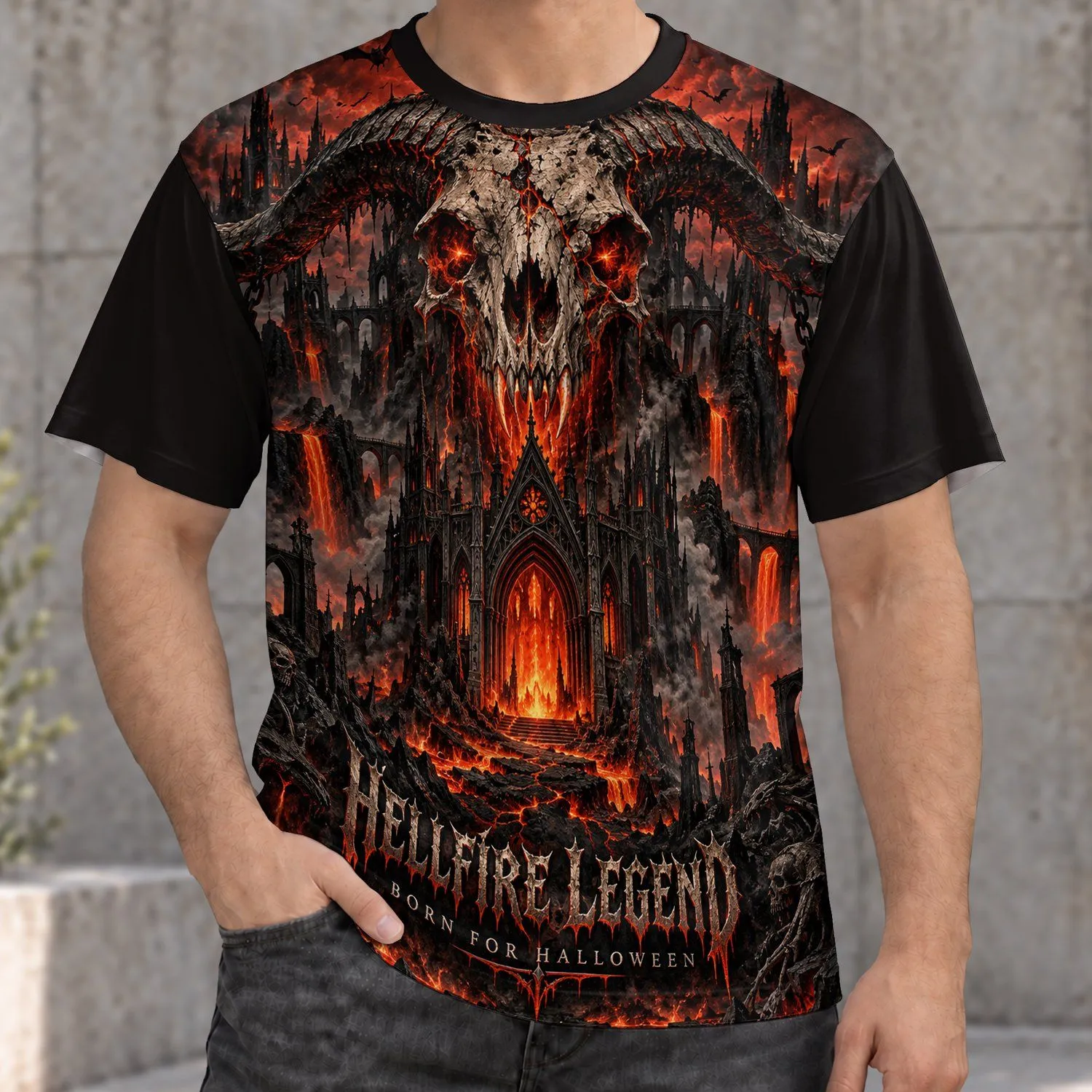 Horned Infernal Skull and Burning Cathedral for Halloween Nights and Gothic Style Fans All-over Print Unisex T-shirt - 1