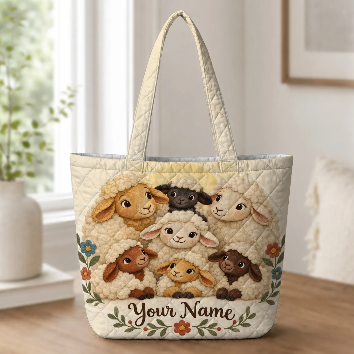 Whimsical Sheep Family Floral Farm Gift for Lamb Lovers and Country Cottage Style Quilted Tote Bag - 1