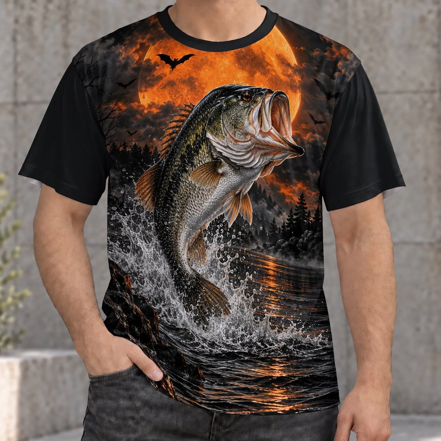 Largemouth Bass Under an Orange Moon for Night Fishing and Halloween Outdoor Style All-over Print Unisex T-shirt - 1