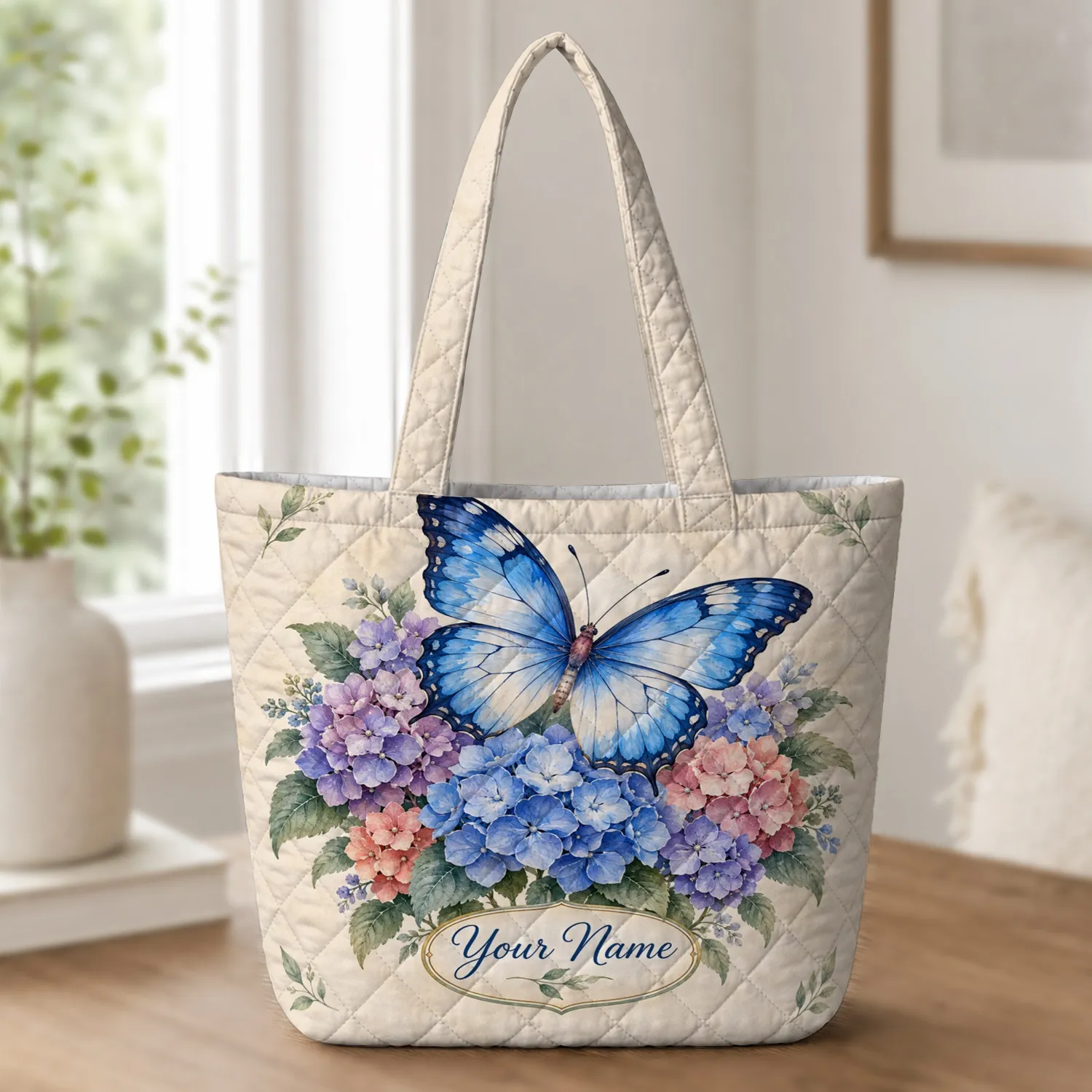 Blue Butterfly And Hydrangea Blooms For Garden Lovers And Spring Gift Giving Quilted Tote Bag - 1