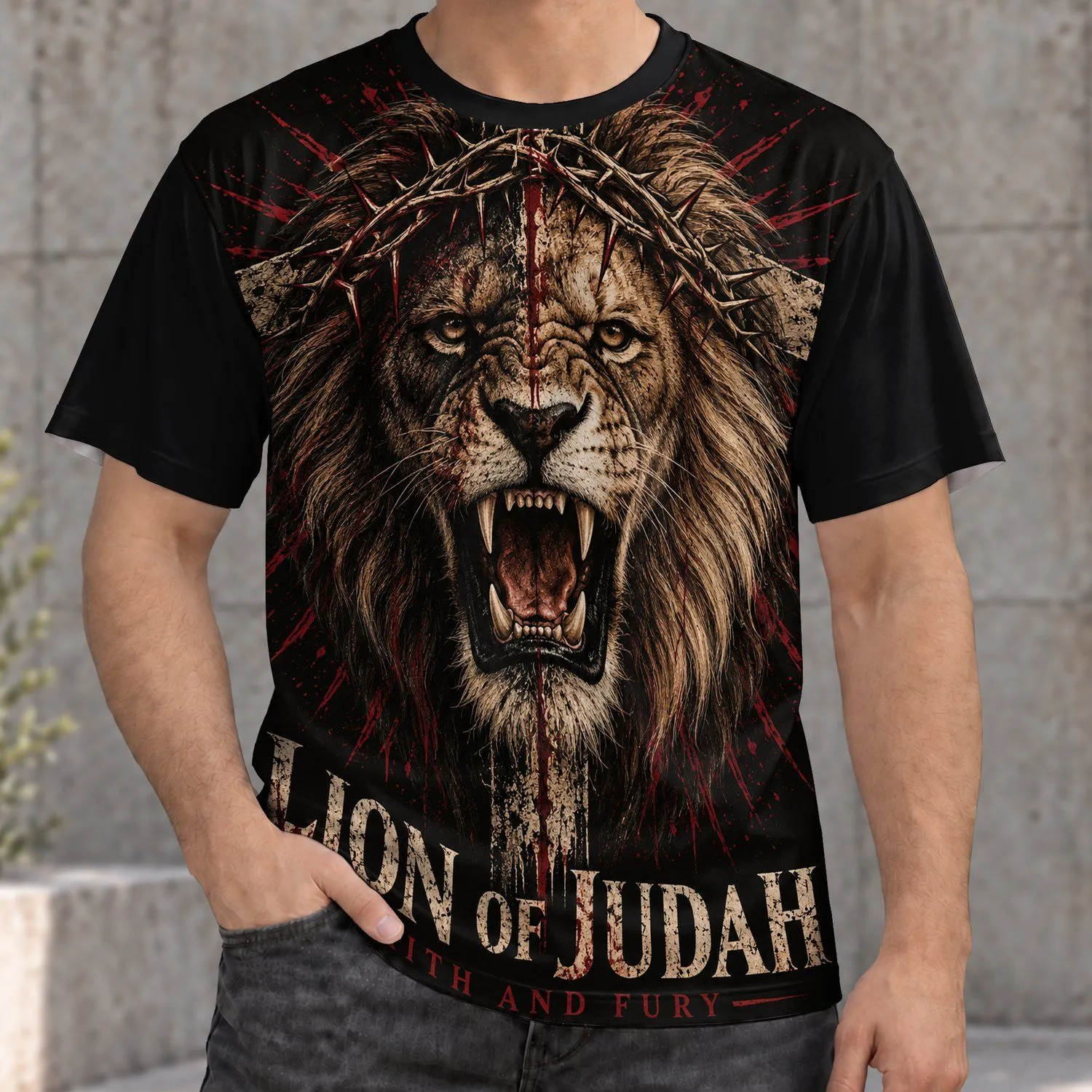 Roaring Lion Of Judah With Thorn Crown And Cross For Christian Faith Gifts For Men All-over Print Unisex T-shirt - 1