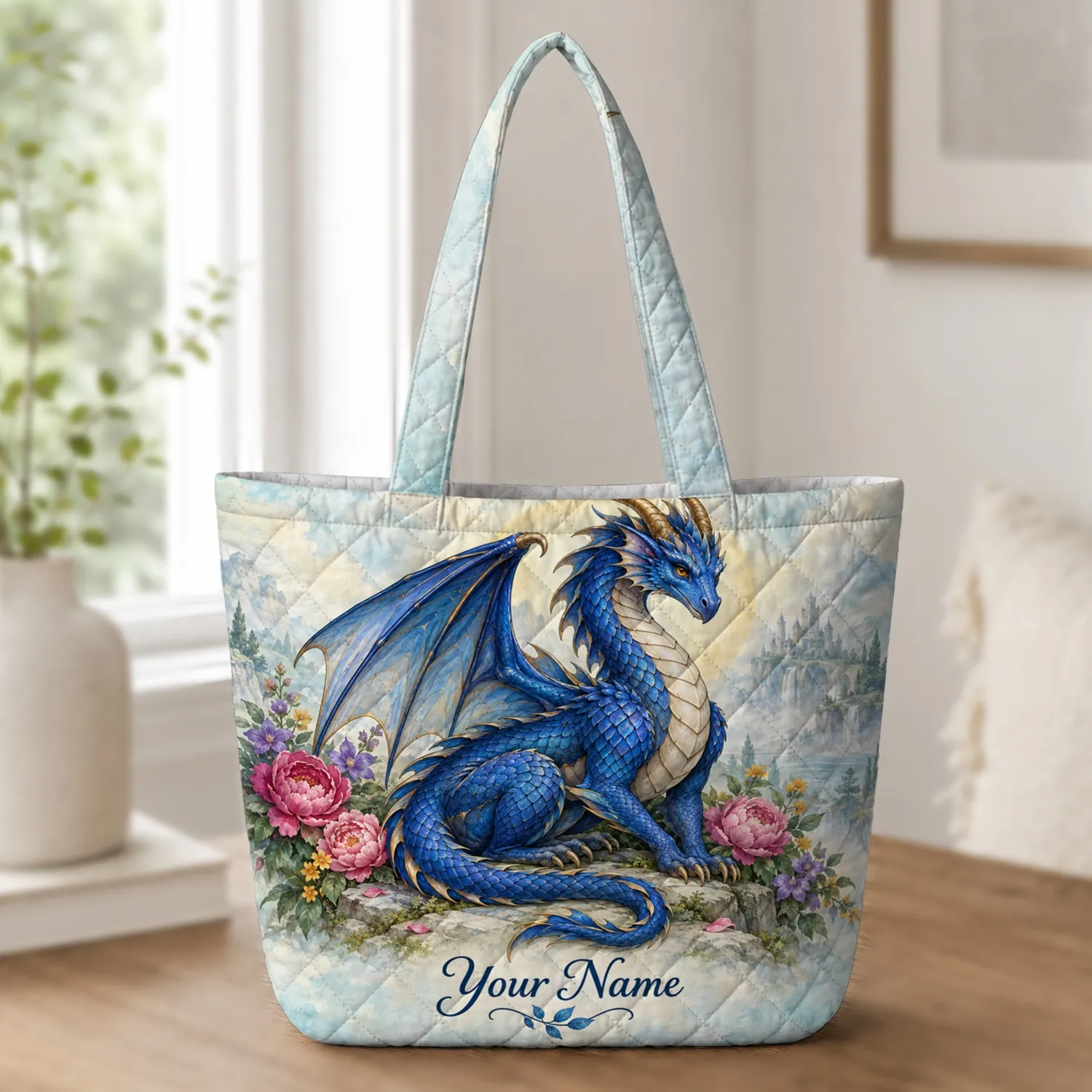 Blue Dragon Among Garden Blooms for Fantasy Lovers and Whimsical Everyday Home Style Quilted Tote Bag - 1