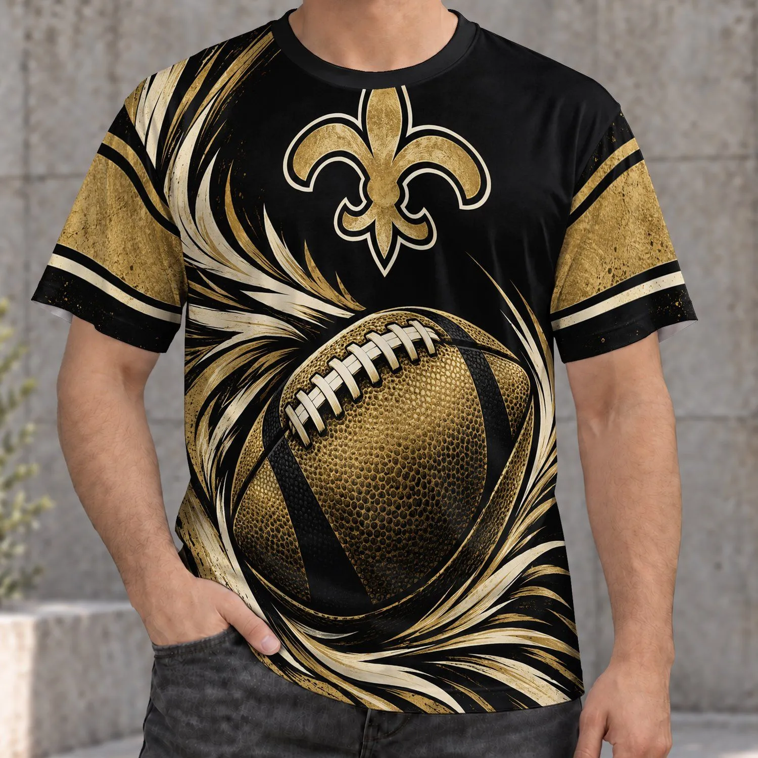 Black Gold Football And Fleur-De-Lis Fan Style For Game Day And City Pride All-over Print Unisex T-shirt - 1