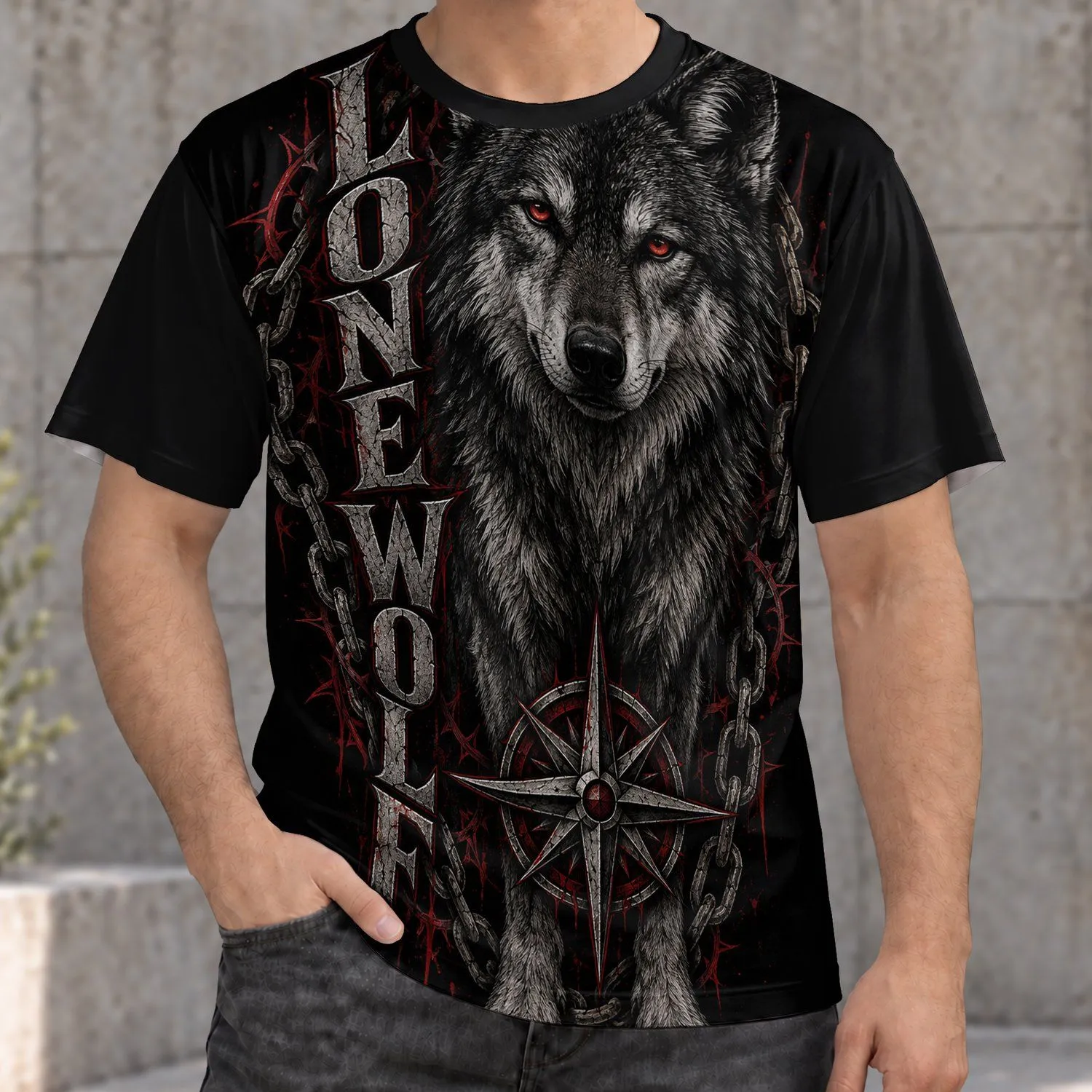 Lone Wolf Heart And Compass Motif For Rugged Outdoor Living And Everyday Casual Wear All-over Print Unisex T-shirt - 1
