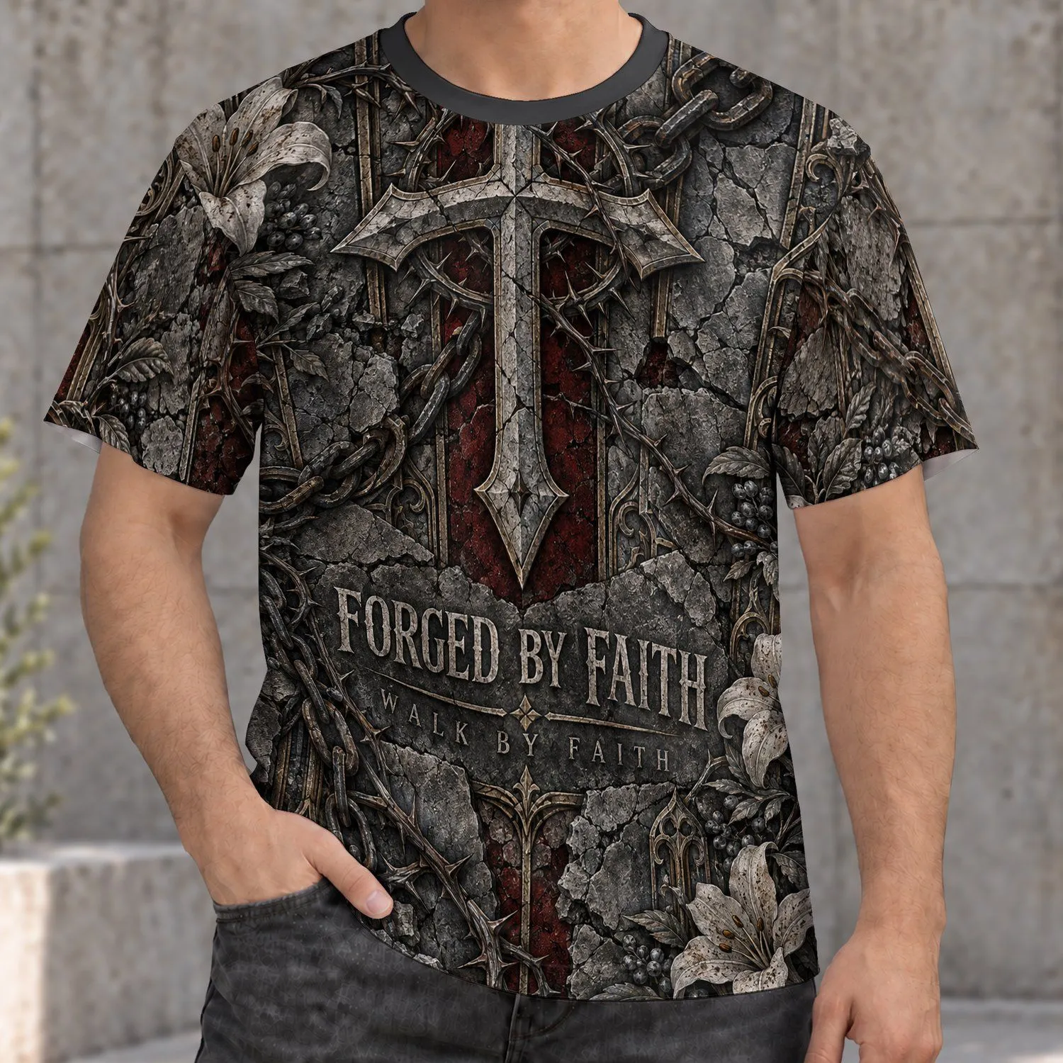 Stone Cross and Thorn Chain Faith Theme for Outdoor Wear and Everyday Inspiration All-over Print Unisex T-shirt - 1