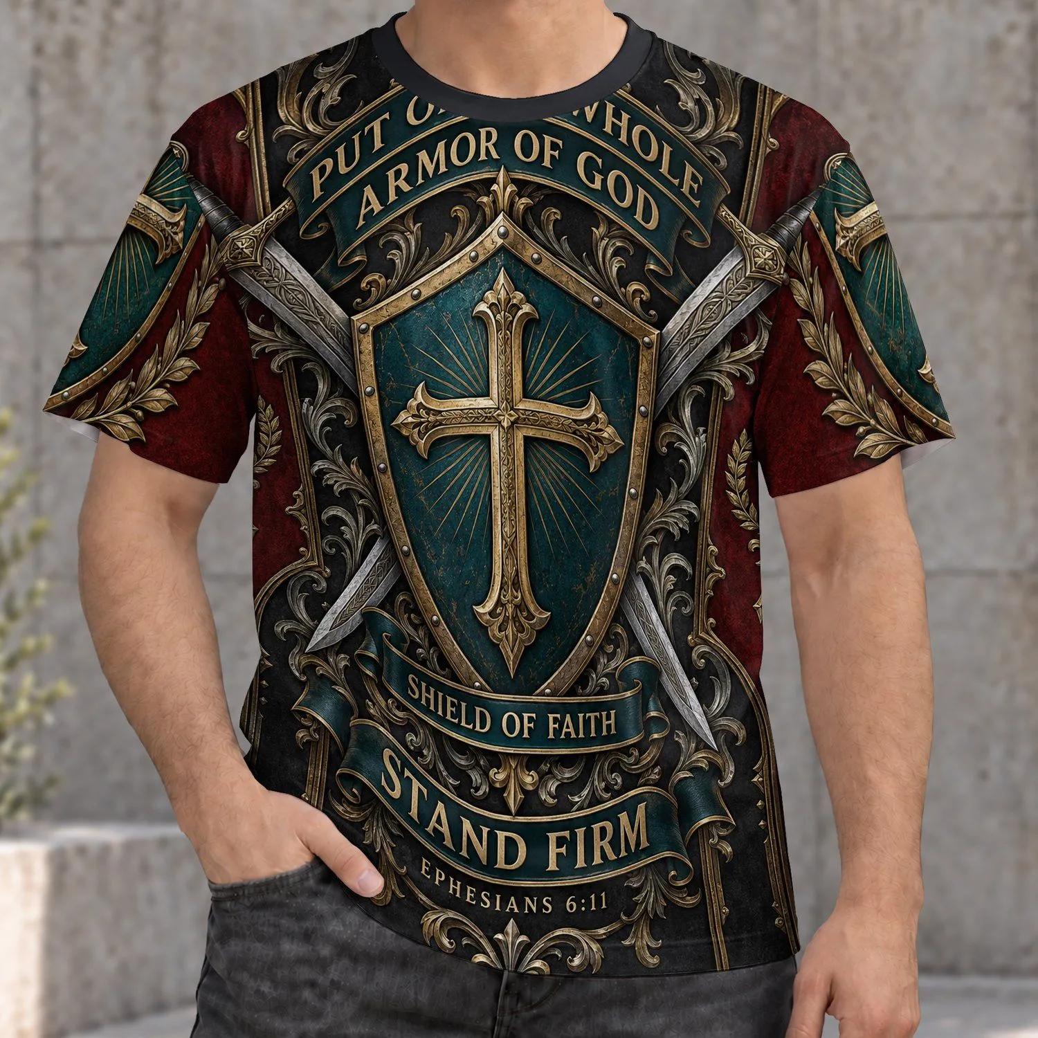 Faith Shield Cross Armor for Church Worship, Bible Study and Everyday Christian Wear All-over Print Unisex T-shirt - 1