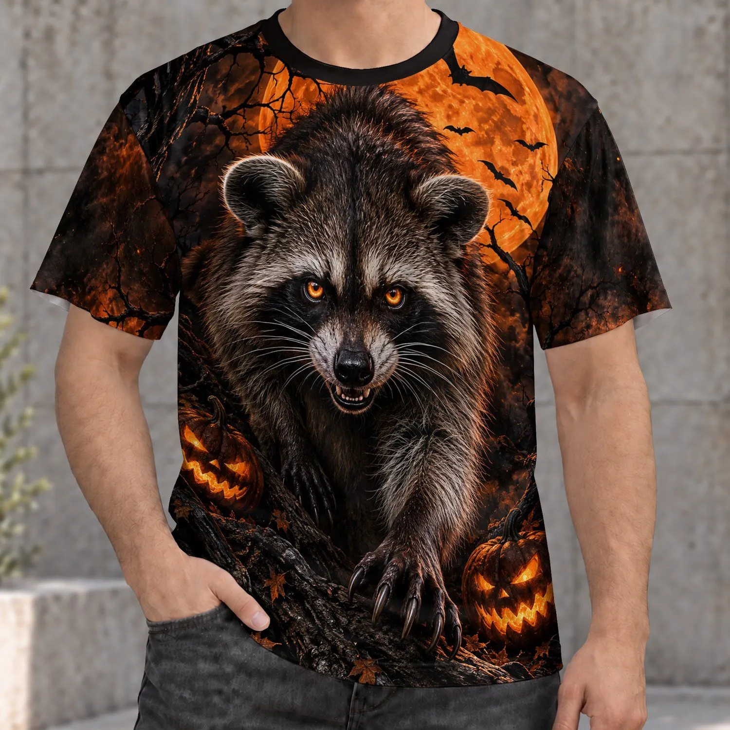 Halloween Raccoon Beneath Full Moon and Castle with Pumpkins for Spooky Night Out All-over Print Unisex T-shirt - 1