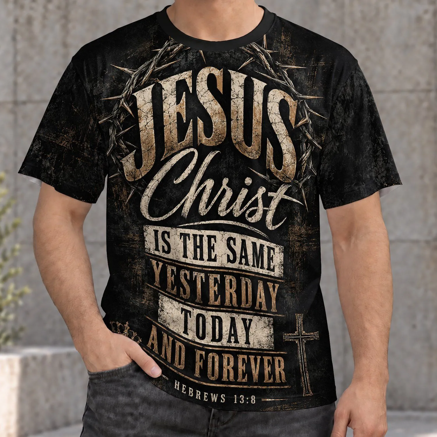 Jesus Christ Hebrews 13:8 Scripture Message for Faith-Filled Everyday Wear All-over Print Unisex T-shirt - 1