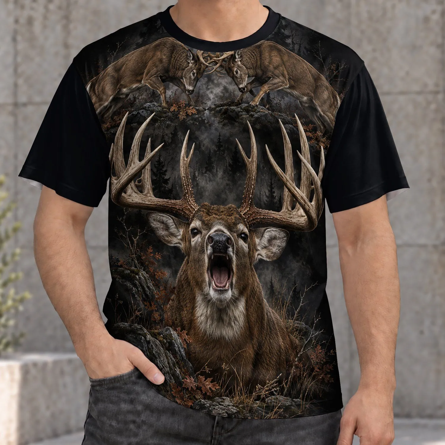 Clashing Bucks And Roaring Stag Wilderness Scene For Outdoor Nature Lovers Year Round All-over Print Unisex T-shirt - 1