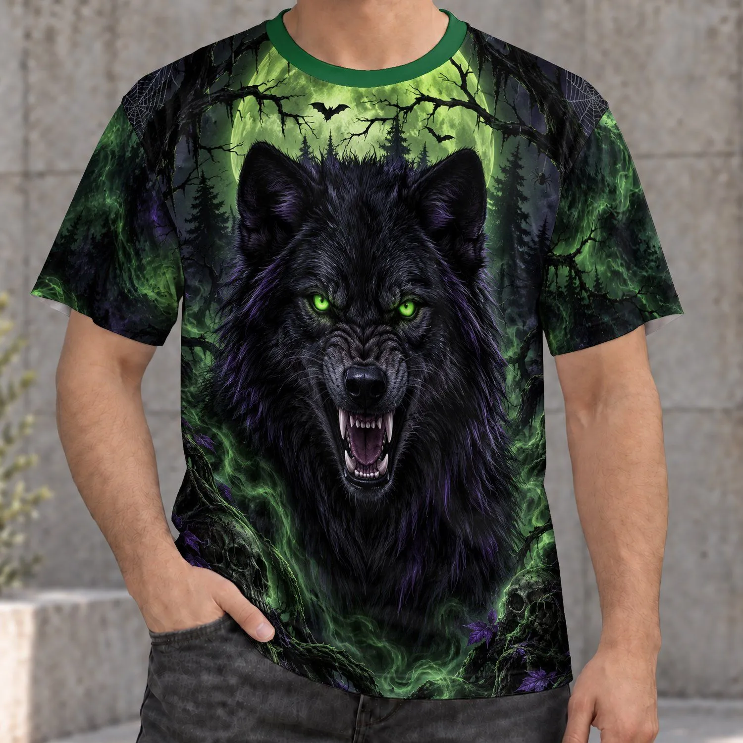 Glowing Green Moon Wolf in Haunted Forest for Halloween Cosplay and Gothic Nightlife All-over Print Unisex T-shirt - 1