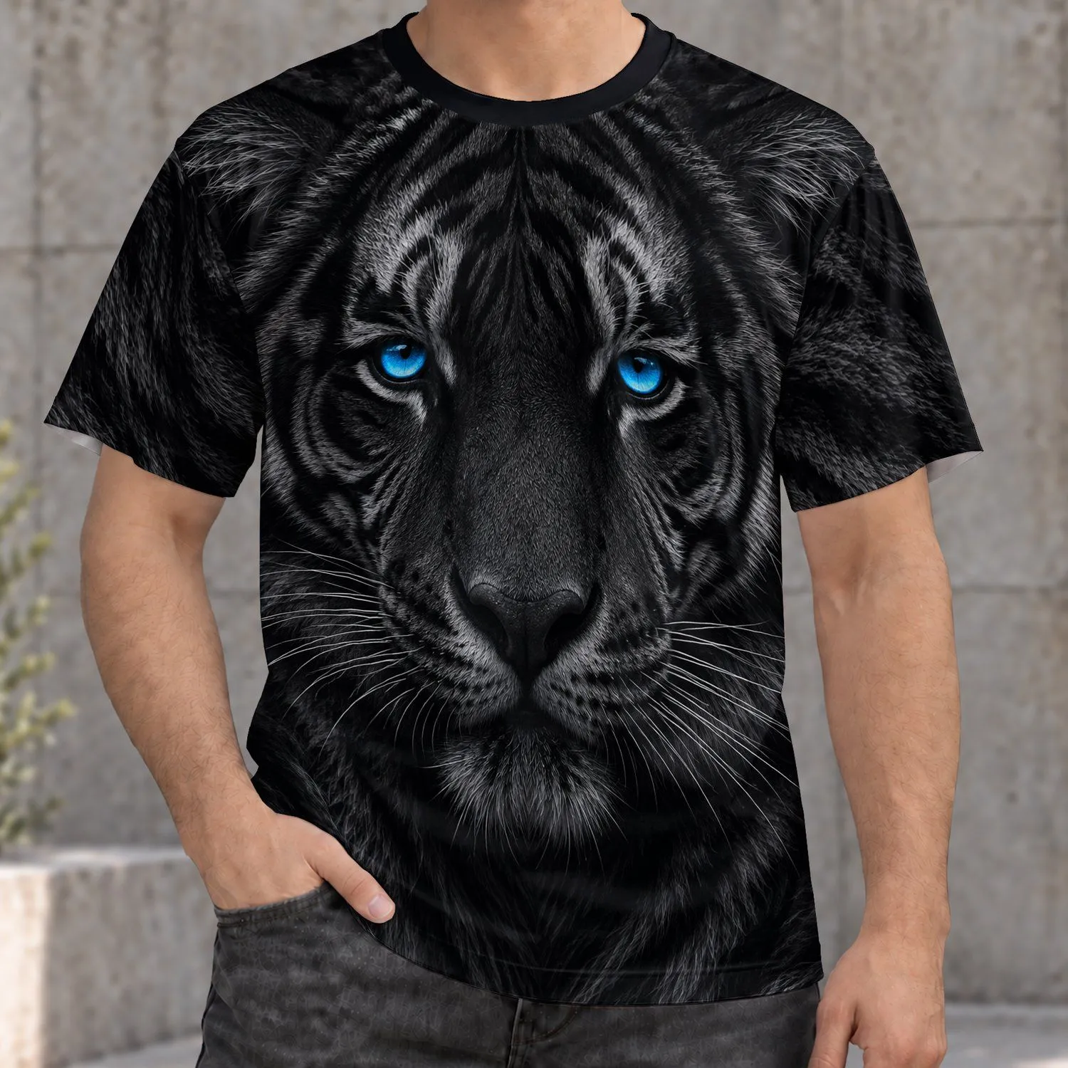 Black Tiger Face With Vivid Blue Eyes for Outdoor Adventure and Everyday Casual Wear All-over Print Unisex T-shirt - 1