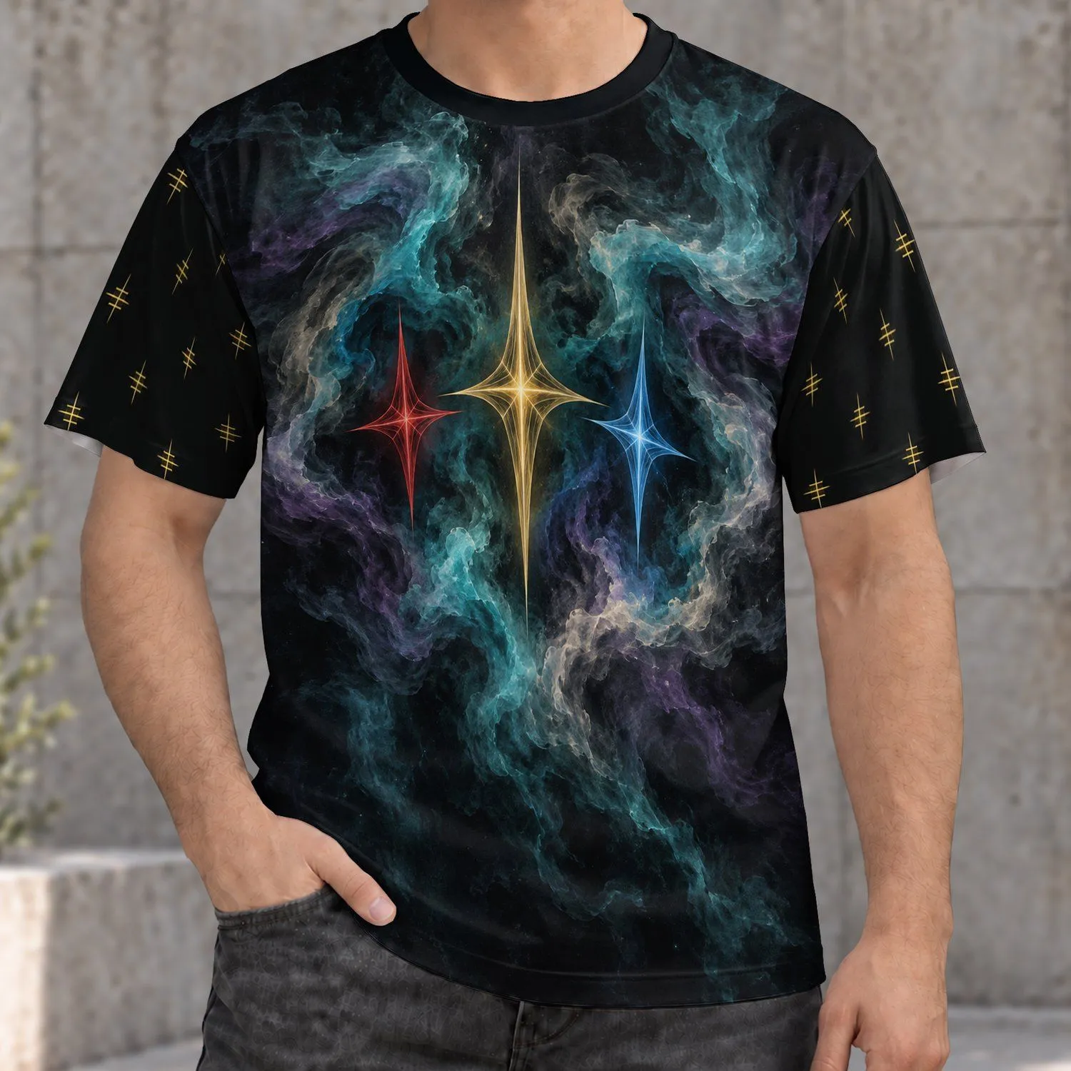 Three-Color Flowing Stars for Nightlife and Casual Streetwear, Men's Everyday Style All-over Print Unisex T-shirt - 1