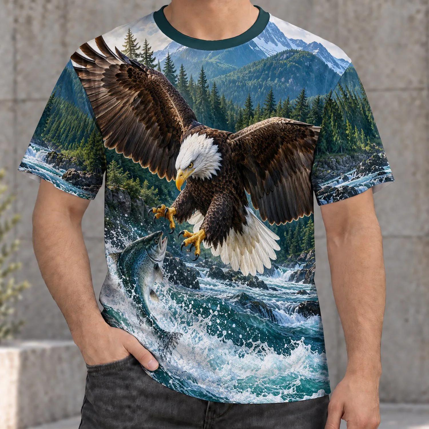 Leaping River Fish Evergreen Forest Mountain River Valley Bald Eagle Grabbing Fish Over River All-over Print Unisex T-shirt - 1