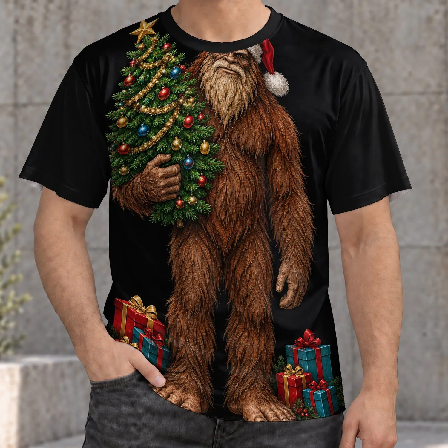 Christmas Sasquatch Holding a Tree for Festive Holiday Celebrations and Gift Giving All-over Print Unisex T-shirt - 1