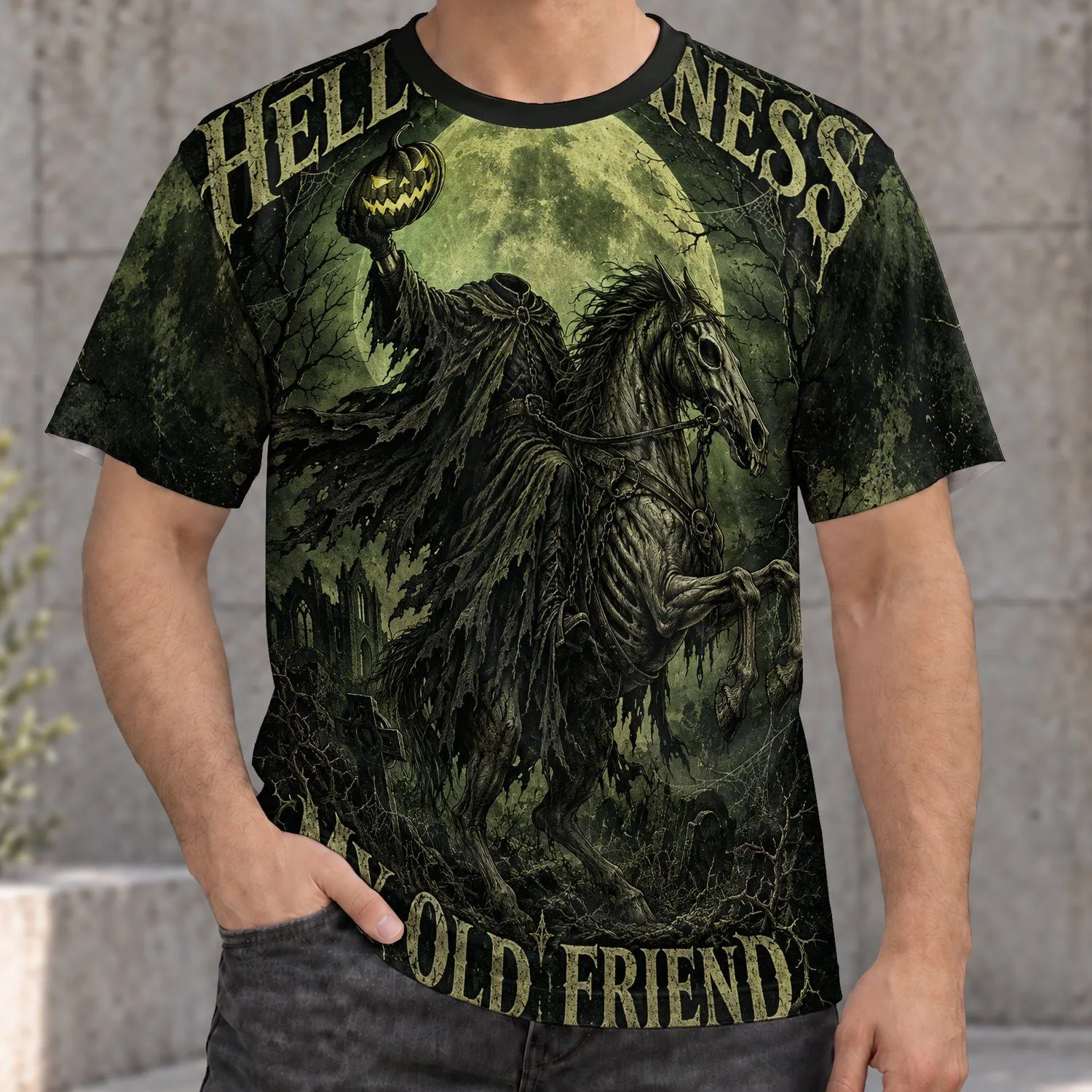 Headless Horseman Halloween Moonlit Pumpkin Gothic Night Scene for Autumn Celebrations All-over Print Unisex T-shirt - 1