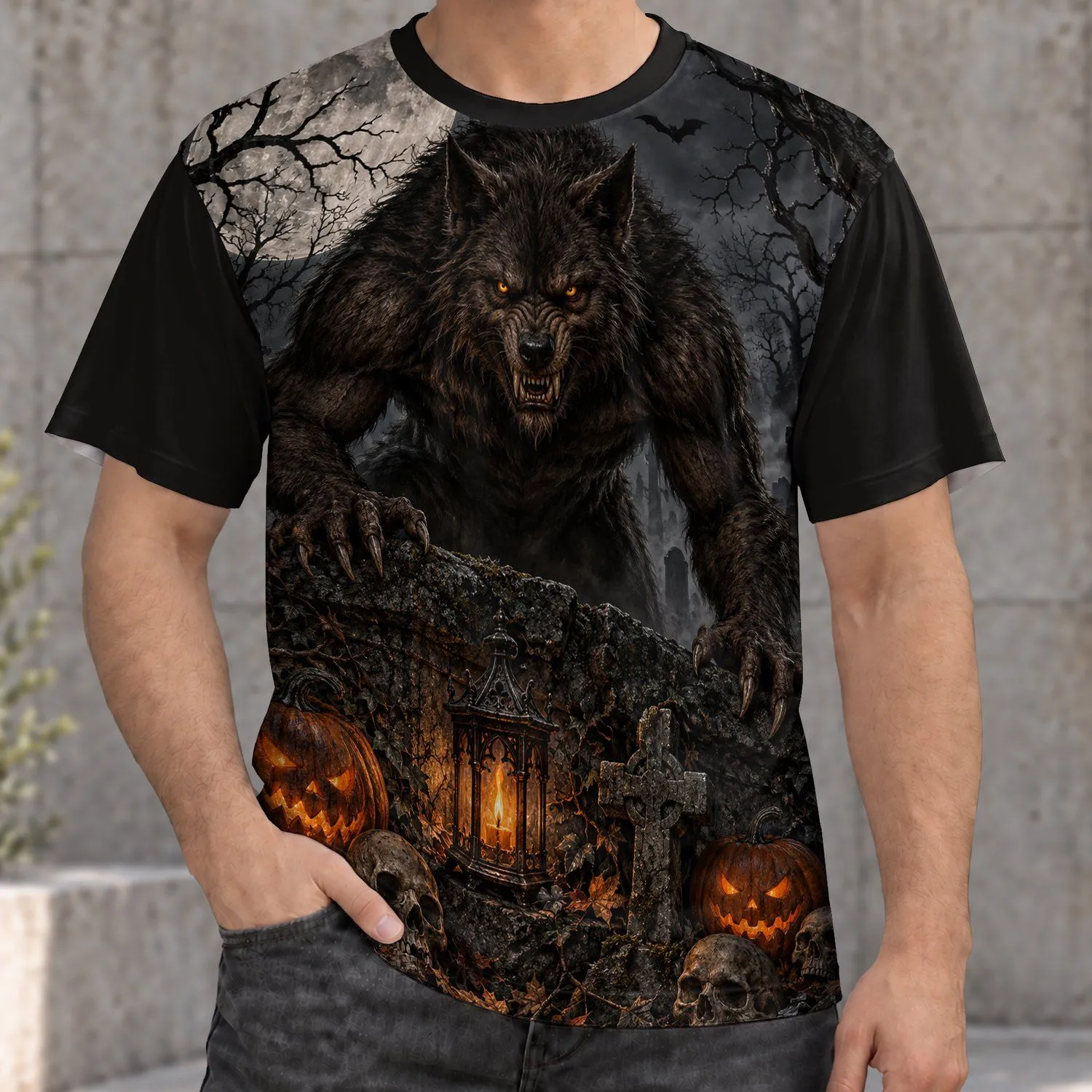 Werewolf Pumpkin Skull Graveyard Scene For Halloween Parties And Spooky Nights All-over Print Unisex T-shirt - 1