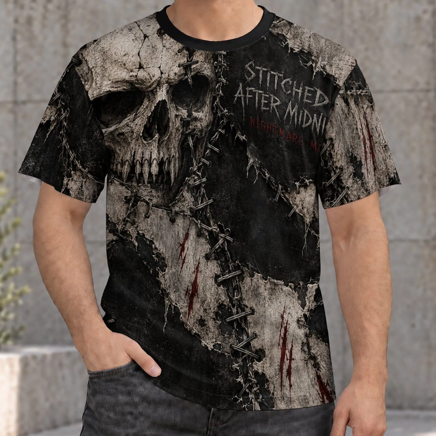 Stitched Skull and Torn Patchwork for Halloween Nightmares and Gothic Autumn Style All-over Print Unisex T-shirt - 1