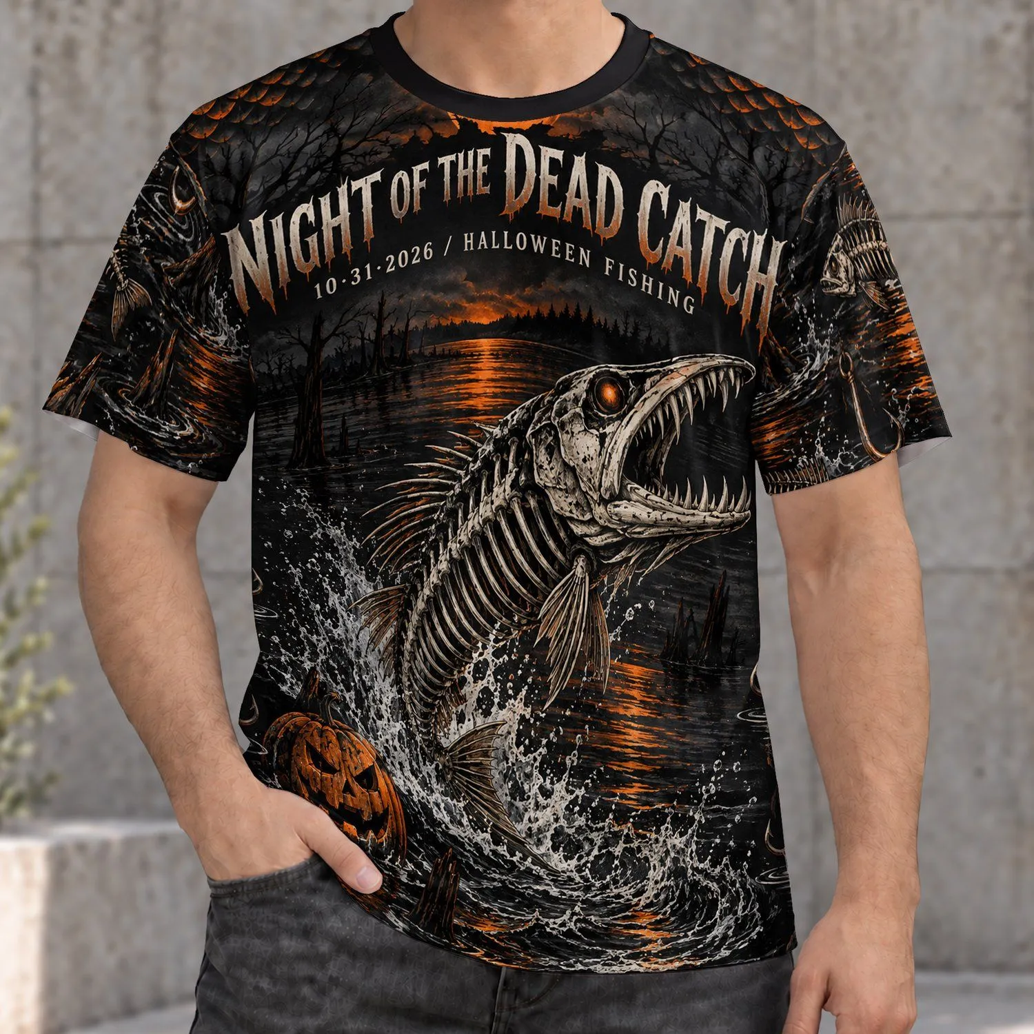Halloween Skeleton Fish and Moonlit Lake for Spooky Night Fishing Fans All-over Print Unisex T-shirt - 1