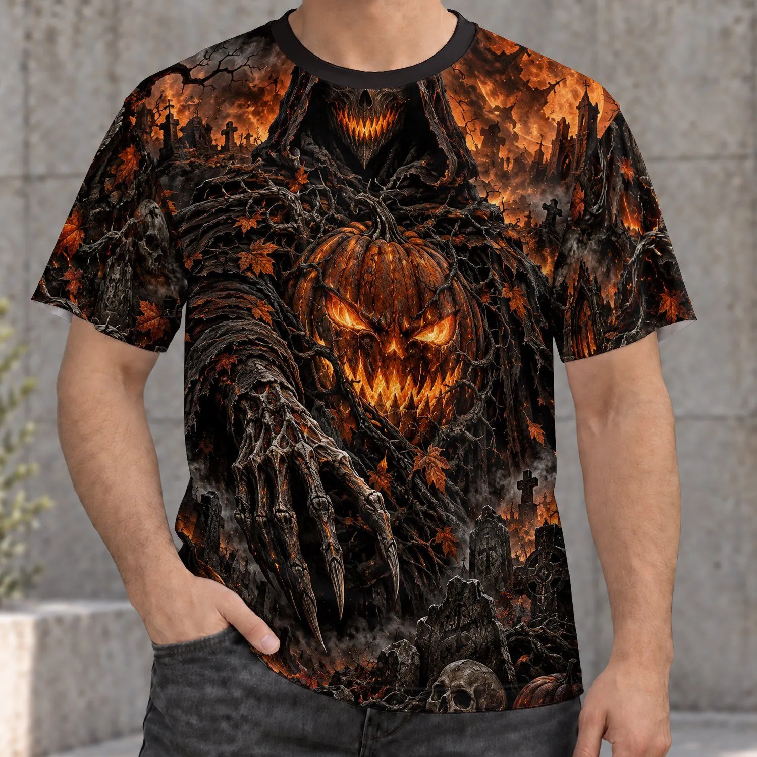 Hooded Skull and Fiery Pumpkin for Halloween Nights and Spooky Season Wear All-over Print Unisex T-shirt - 1