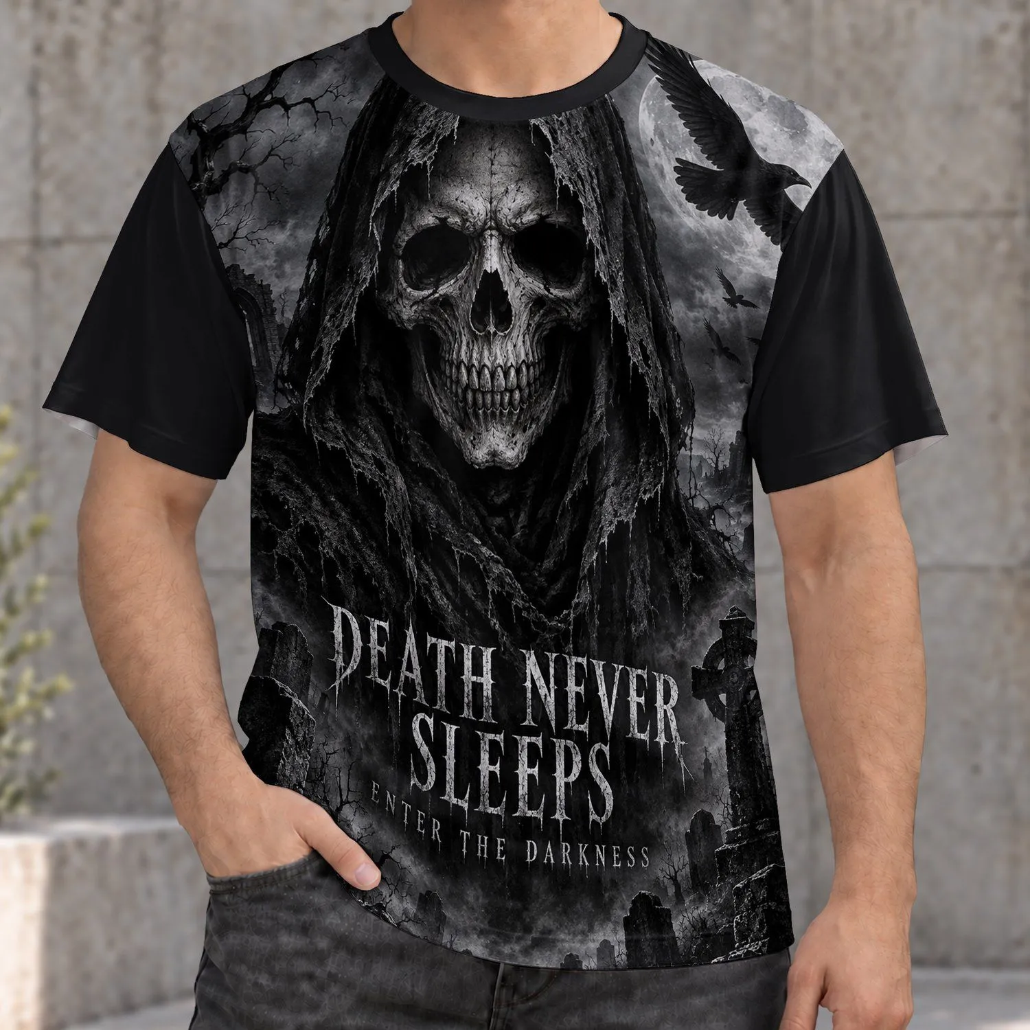 Hooded Skull Reaper and Moonlit Cemetery for Gothic Nights and Dark Everyday Style All-over Print Unisex T-shirt - 1