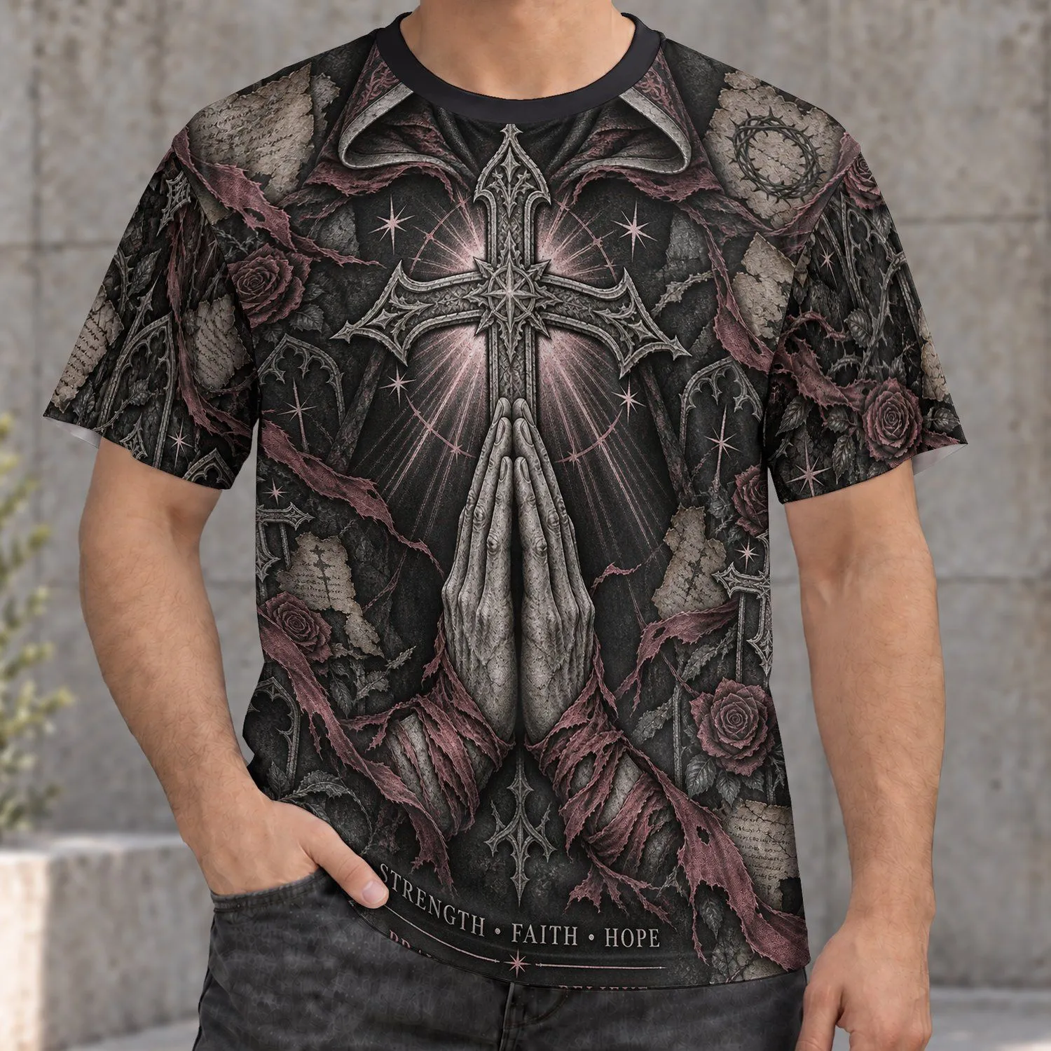 Praying Hands and Ornate Cross for Faith, Strength, and Hopeful Everyday Wear All-over Print Unisex T-shirt - 1