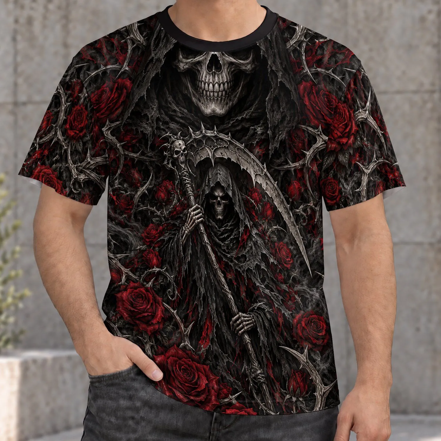 Gothic Reaper Skull and Crimson Roses for Dark Alternative Style Enthusiasts All-over Print Unisex T-shirt - 1