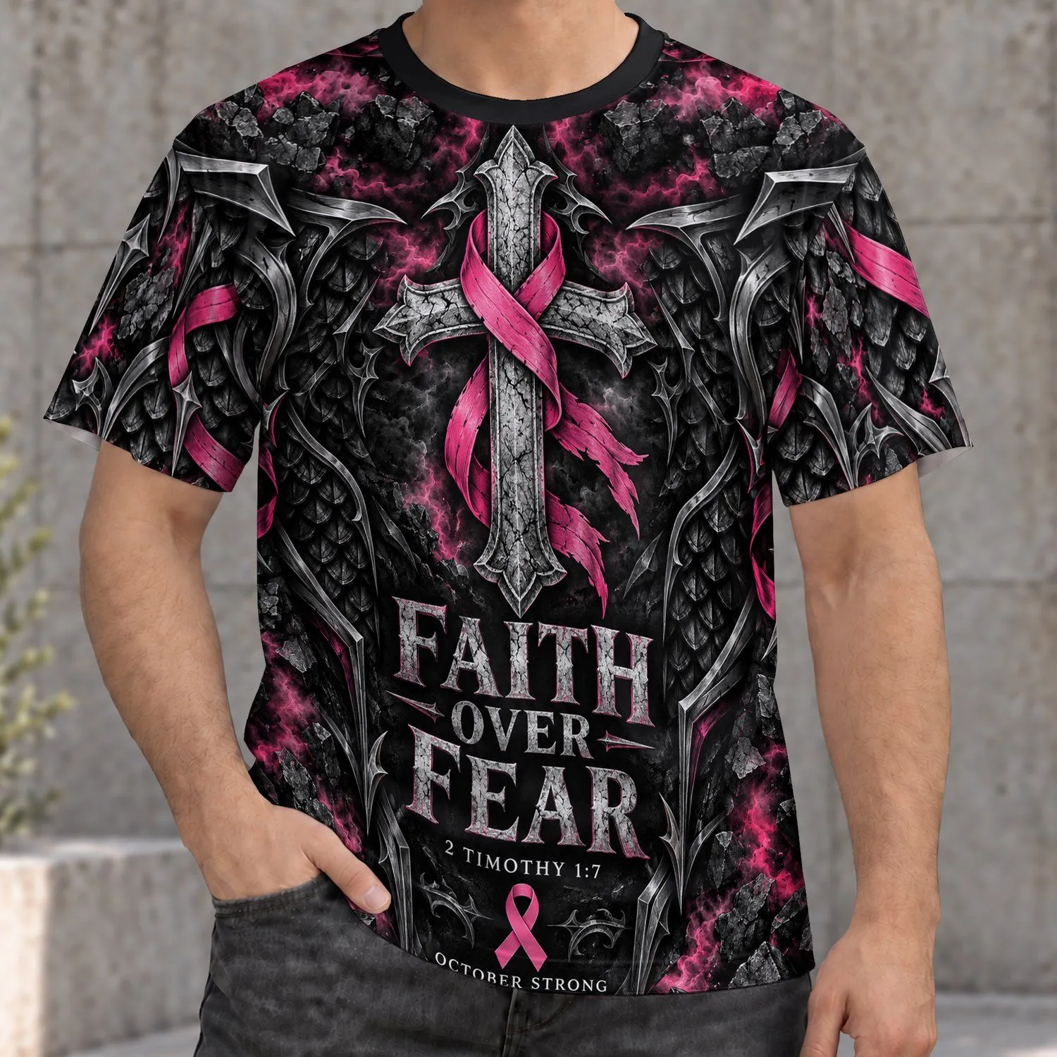 Faith Over Fear Cross And Pink Ribbon For Church And October Awareness Encouragement All-over Print Unisex T-shirt - 1