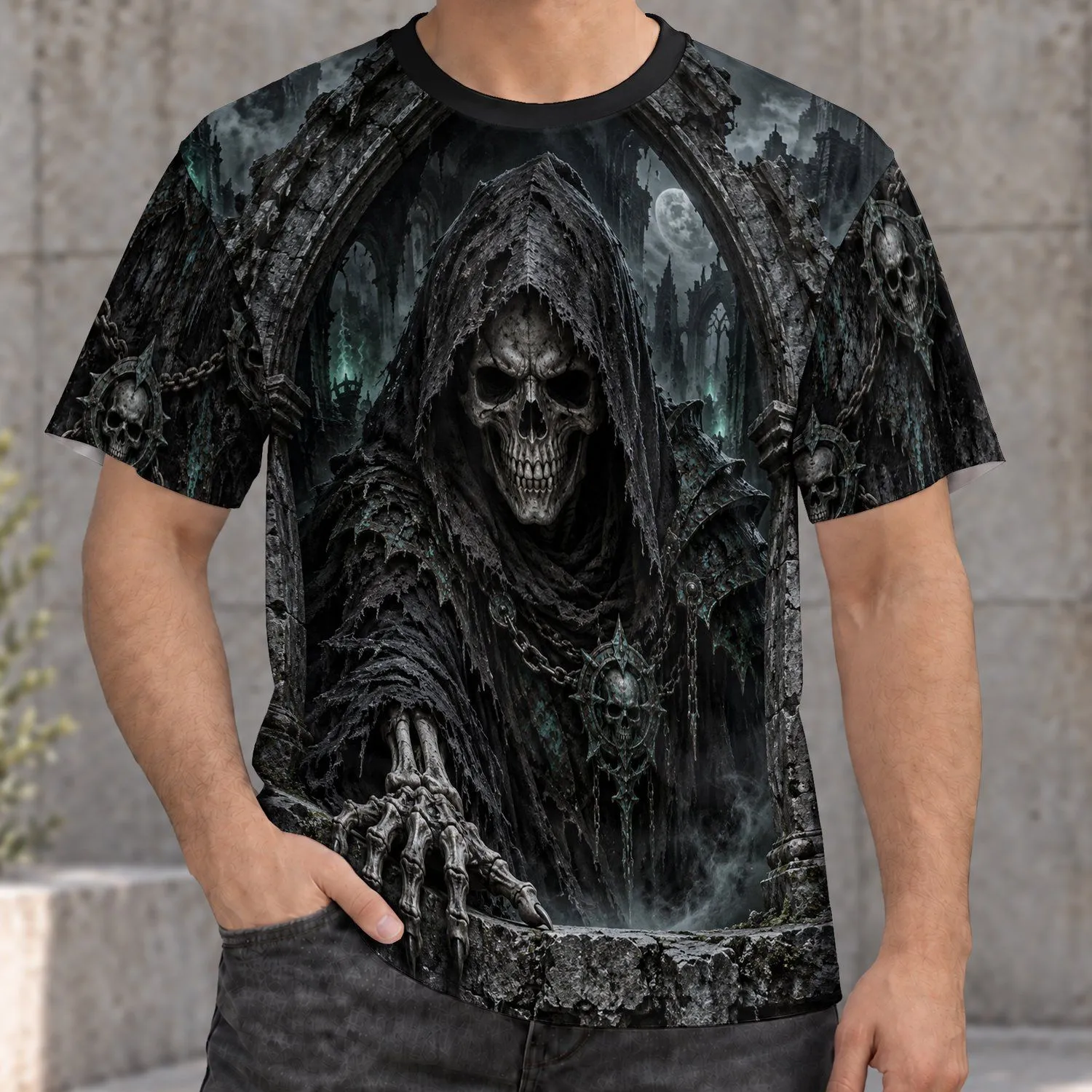 Hooded Skeleton Reaper and Gothic Ruins for Dark Fantasy Events and Everyday Wear All-over Print Unisex T-shirt - 1