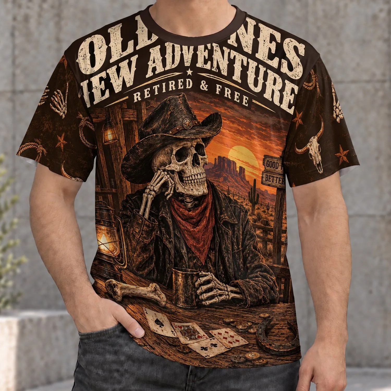 Western Skeleton Cowboy at Sunset for Retired Adventure Seekers and Desert Nights All-over Print Unisex T-shirt - 1