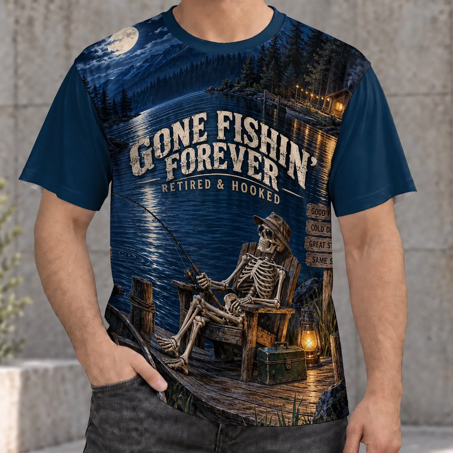 Fishing Skeleton at Moonlit Lake for Retired Anglers and Outdoor Getaways All-over Print Unisex T-shirt - 1