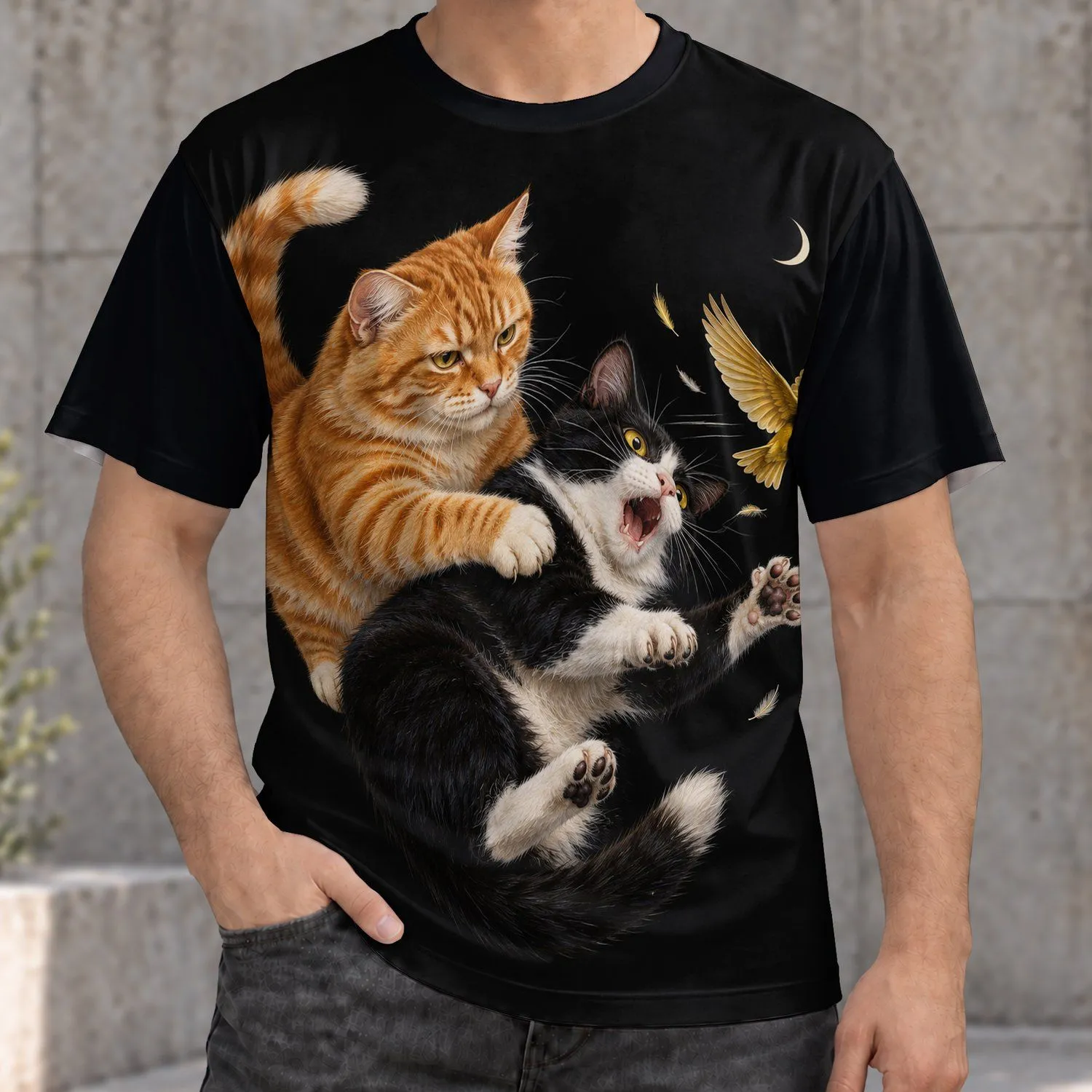 Playful Cat Tussle And Startled Bird For Everyday Laughs And Cat Lover Gifts For Men All-over Print Unisex T-shirt - 1