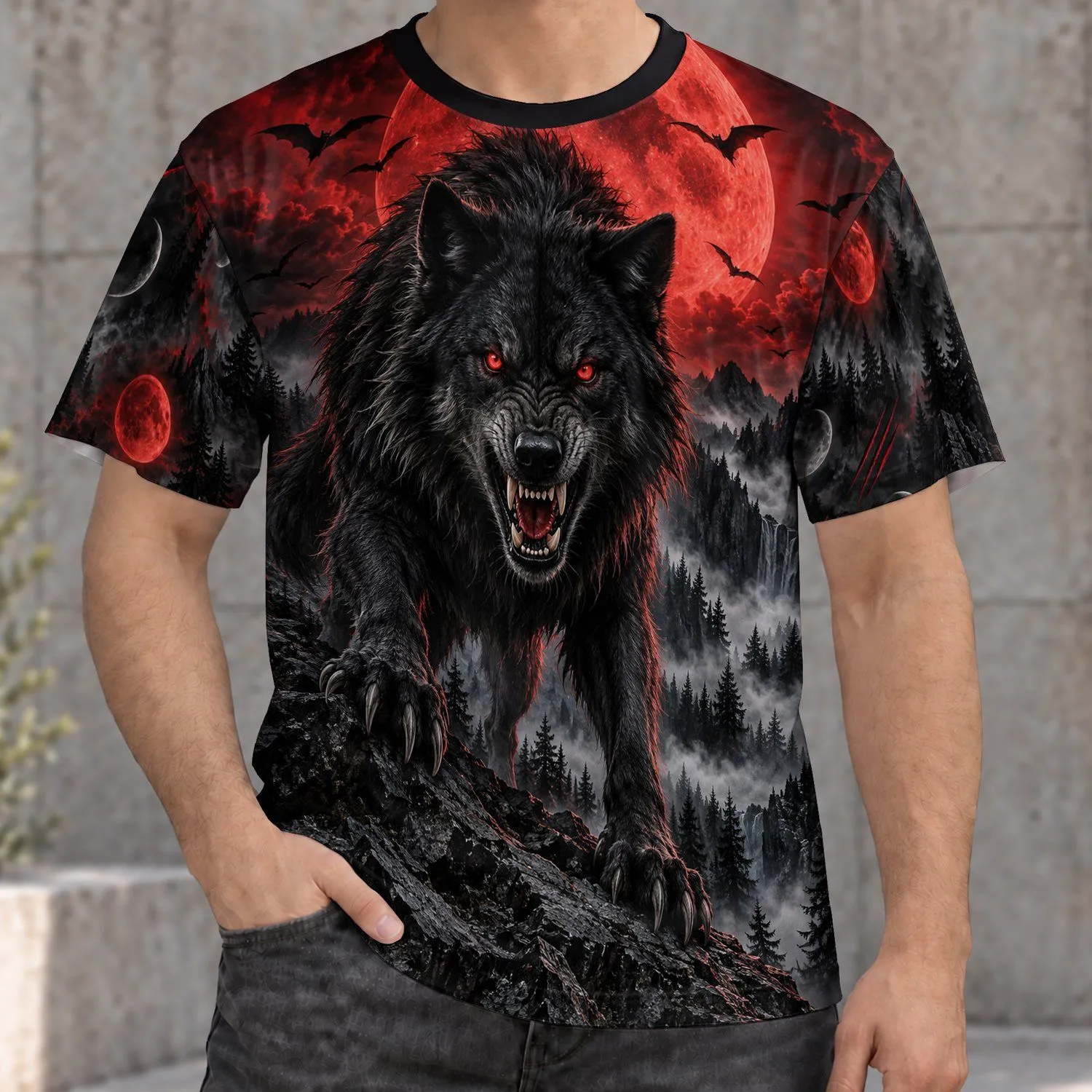 Fierce Howling Wolf Beneath a Crimson Moon for Gothic Nights and Dark Fantasy Fans All-over Print Unisex T-shirt - 1
