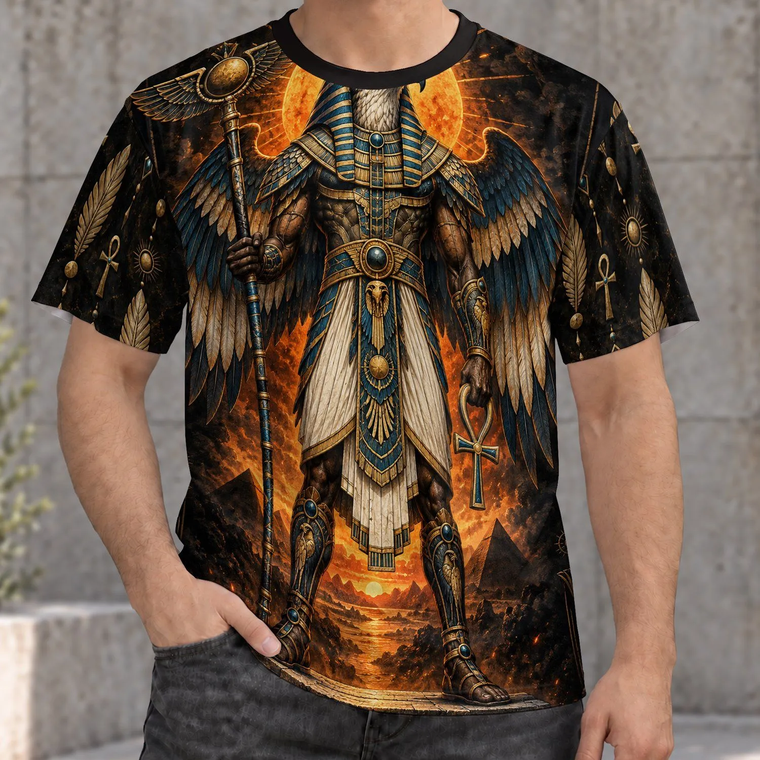 Winged Falcon Pharaoh Warrior for Mythology Fans, Travel, and Weekend Adventures All-over Print Unisex T-shirt - 1