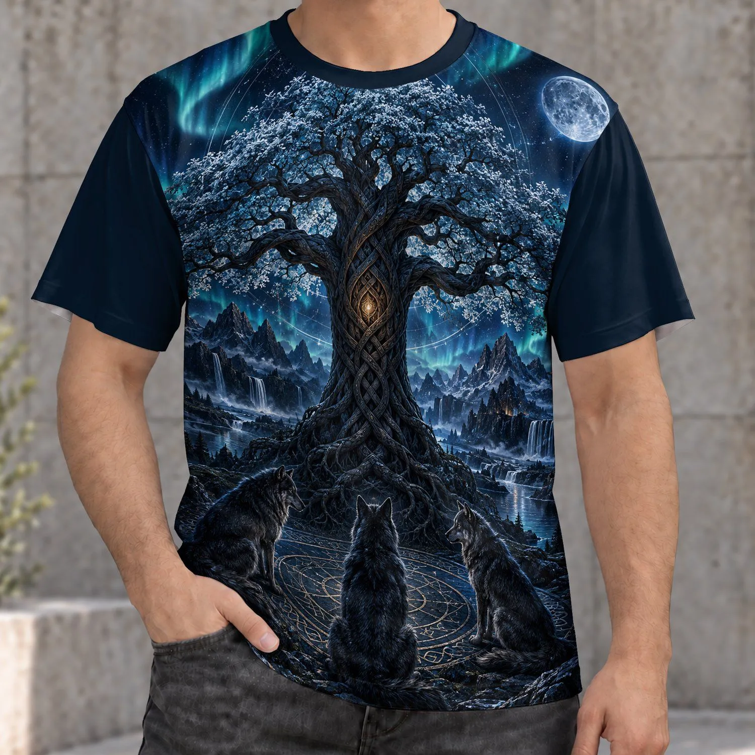 Norse Tree Of Life Wolves Aurora Scene For Mythic Adventure And Nordic Heritage All-over Print Unisex T-shirt - 1
