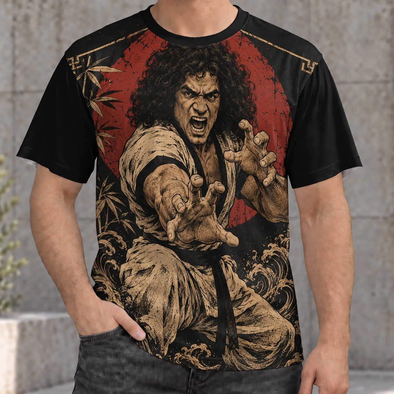 Curly-Haired Martial Artist Portrait for Retro Action Fans and Bold Everyday Style All-over Print Unisex T-shirt - 1