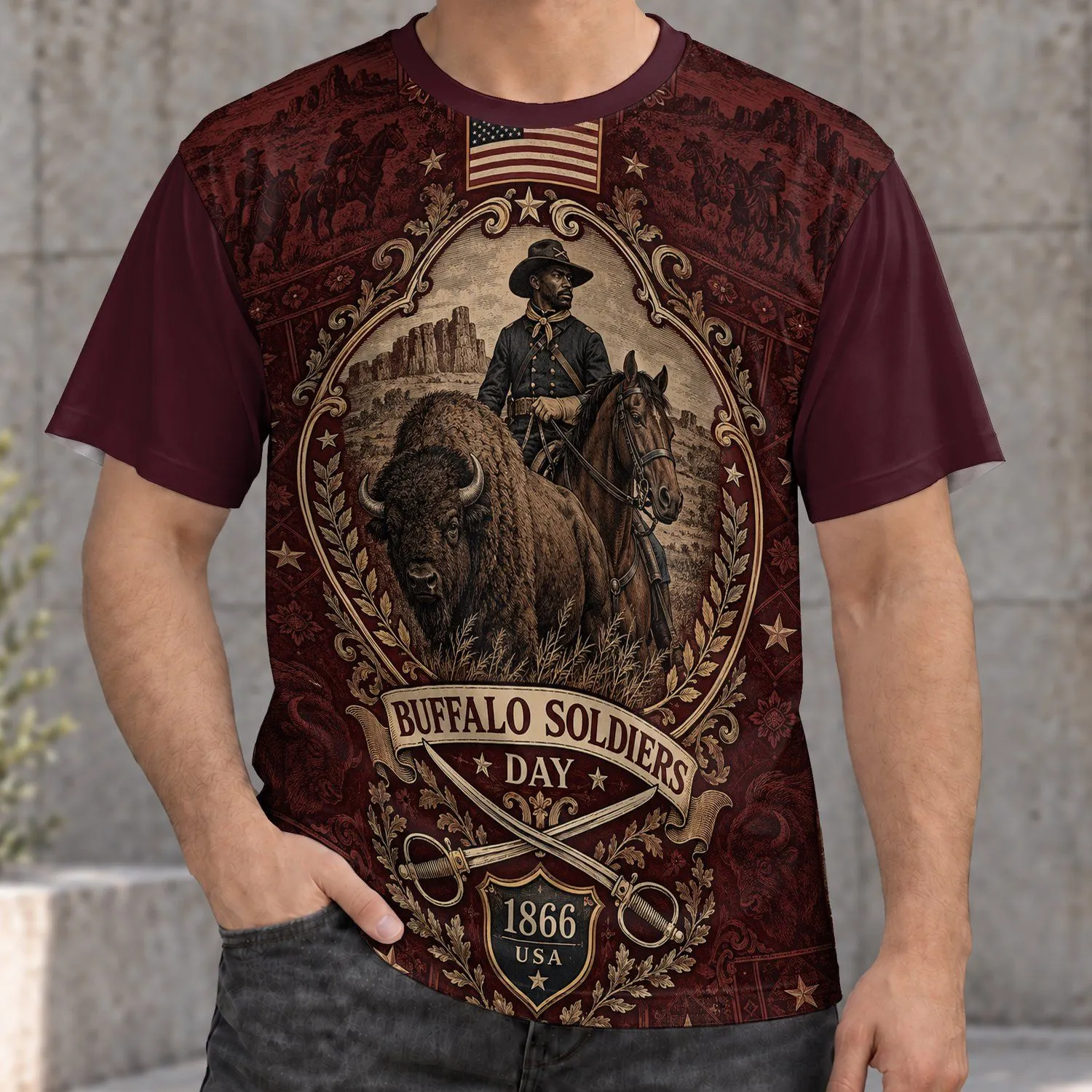 Cavalry Soldier and Buffalo Heritage Scene for History Events and Outdoor Gatherings All-over Print Unisex T-shirt - 1