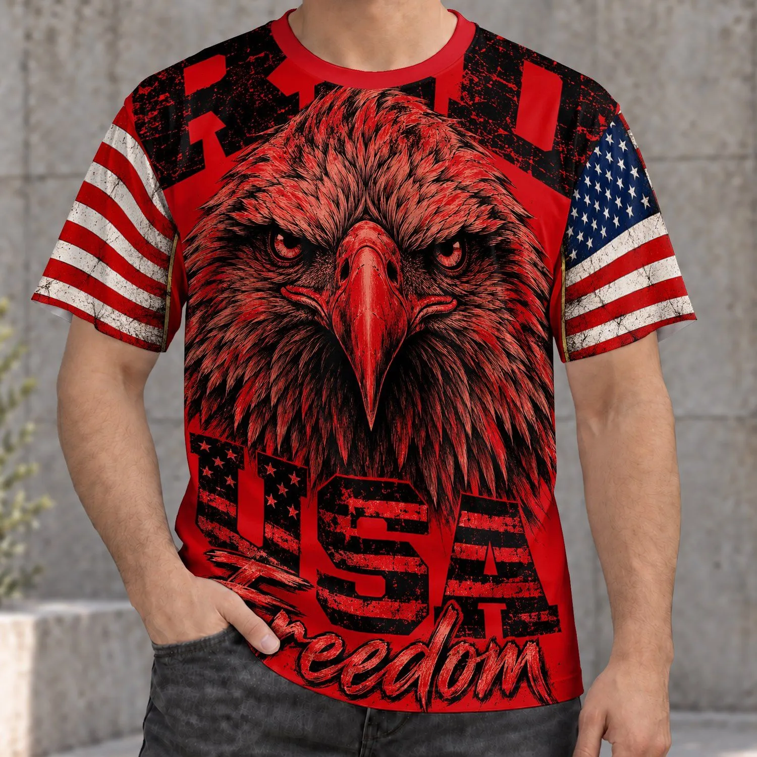 Red Eagle Head And Flag For Veterans Day, Memorial Day And Patriotic Casual Wear All-over Print Unisex T-shirt - 1