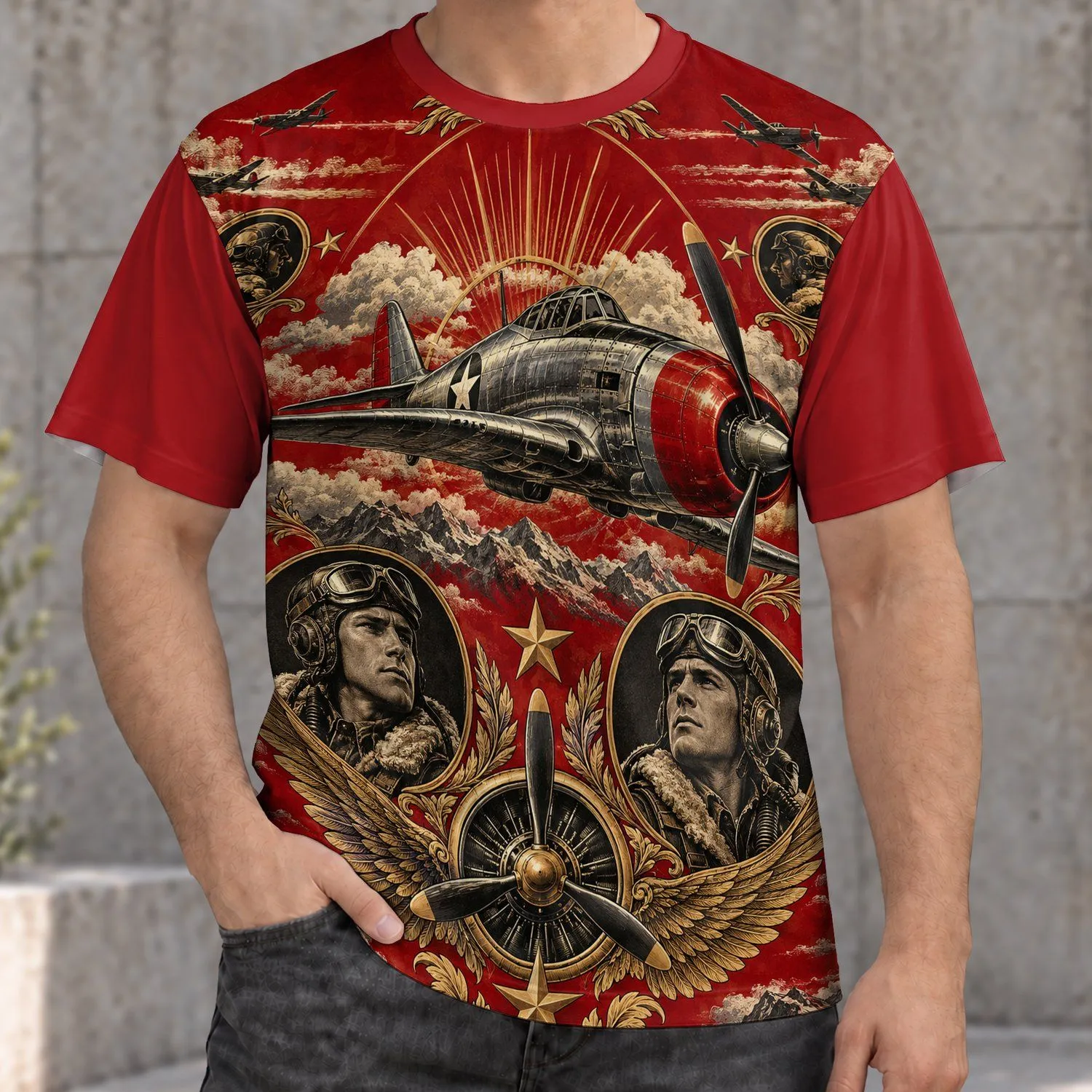 Vintage Red-Tailed Fighter Plane and Aviator Medallions for Everyday Aviation Enthusiasts All-over Print Unisex T-shirt - 1