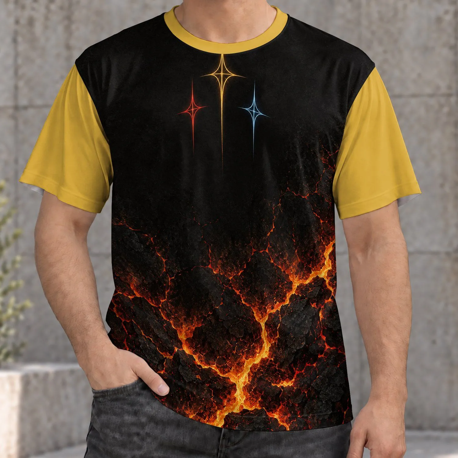 Three-Color Flowing Stars with Ember Cracks for Bold Everyday Streetwear Style All-over Print Unisex T-shirt - 1