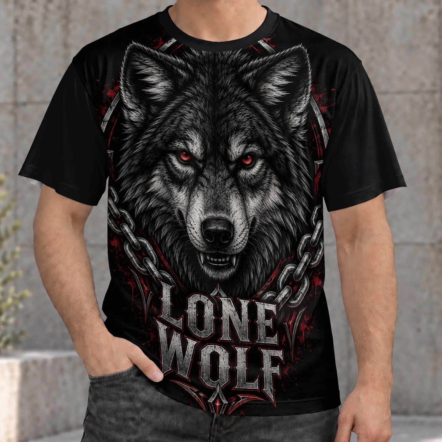 Lone Wolf Head with Chain for Outdoor Adventure and Everyday Wear, Rugged Style All-over Print Unisex T-shirt - 1