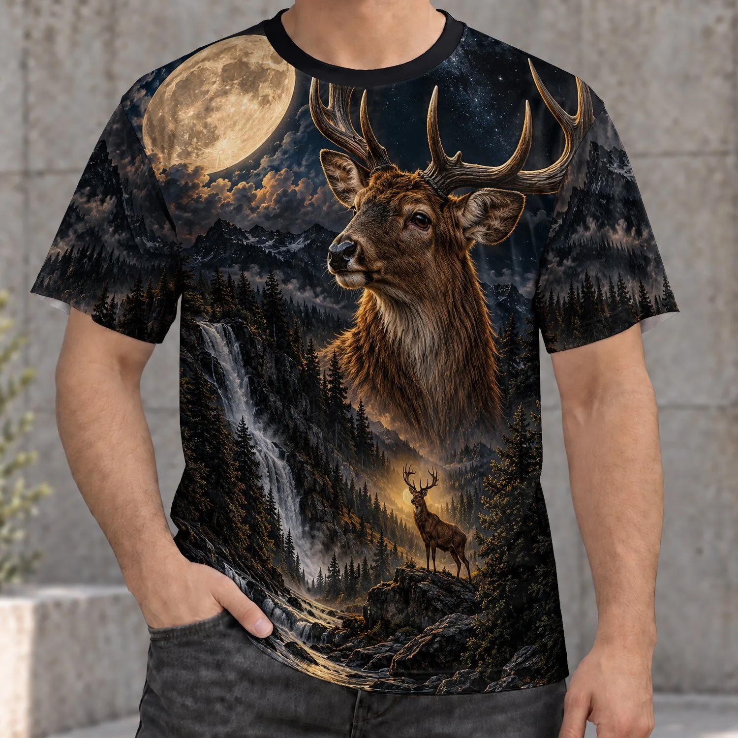 Moonlit Stag and Waterfall Wilderness Scene for Outdoor Adventures and Nature Lovers All-over Print Unisex T-shirt - 1