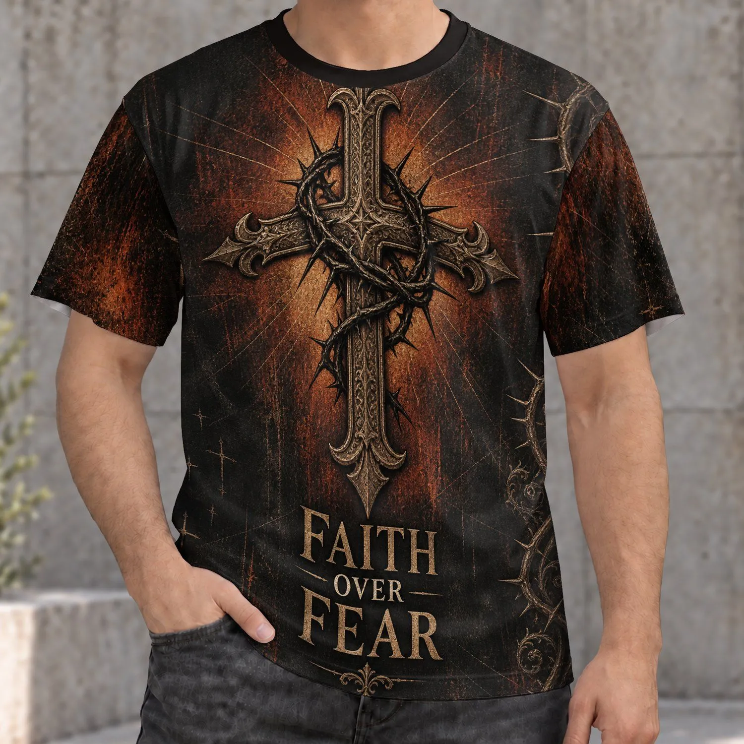 Antique Bronze Cross and Thorn Crown for Faith Over Fear Devotional Wear All-over Print Unisex T-shirt - 1